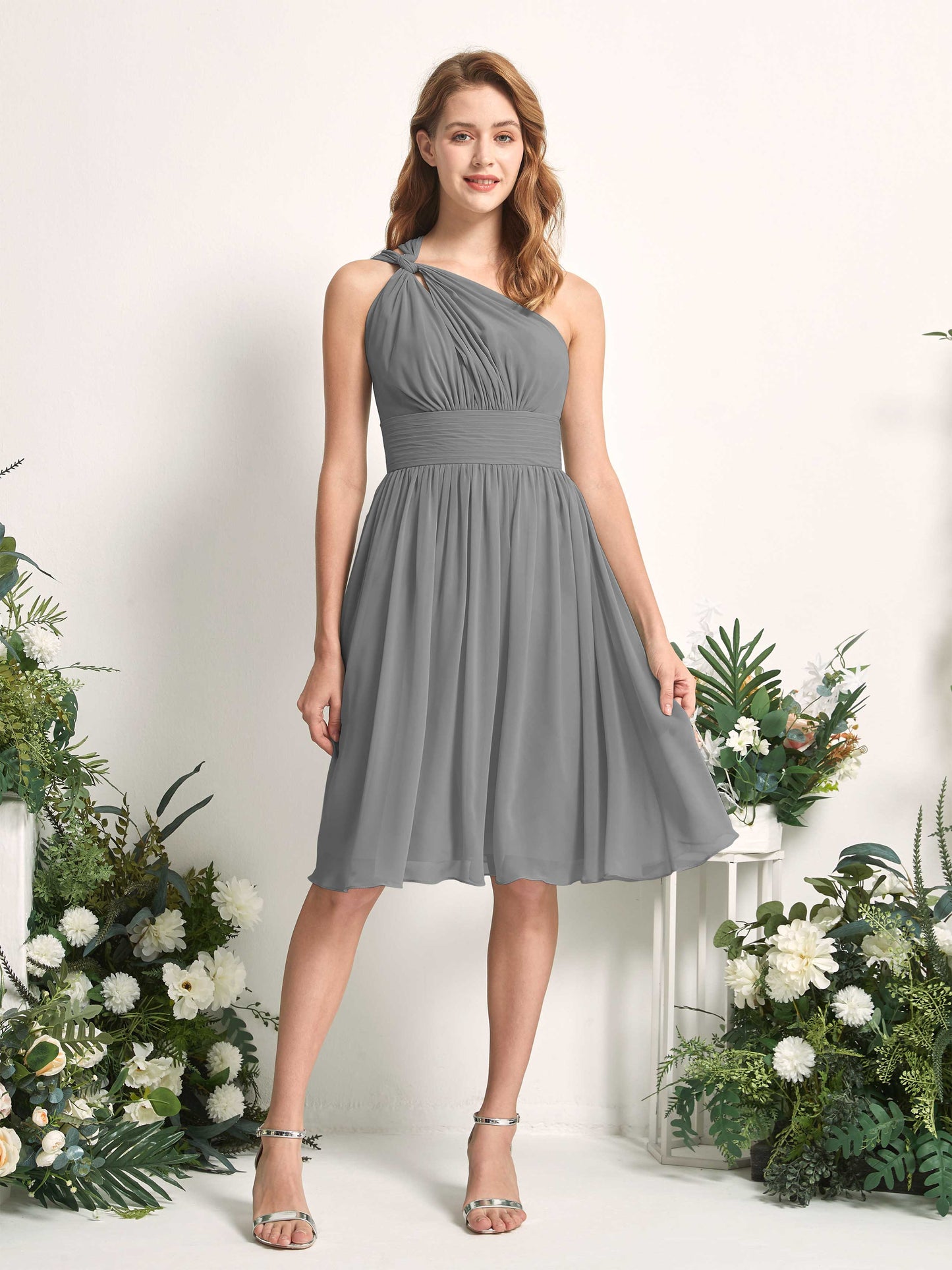 Echo Steel Gray One Shoulder Midi Dress