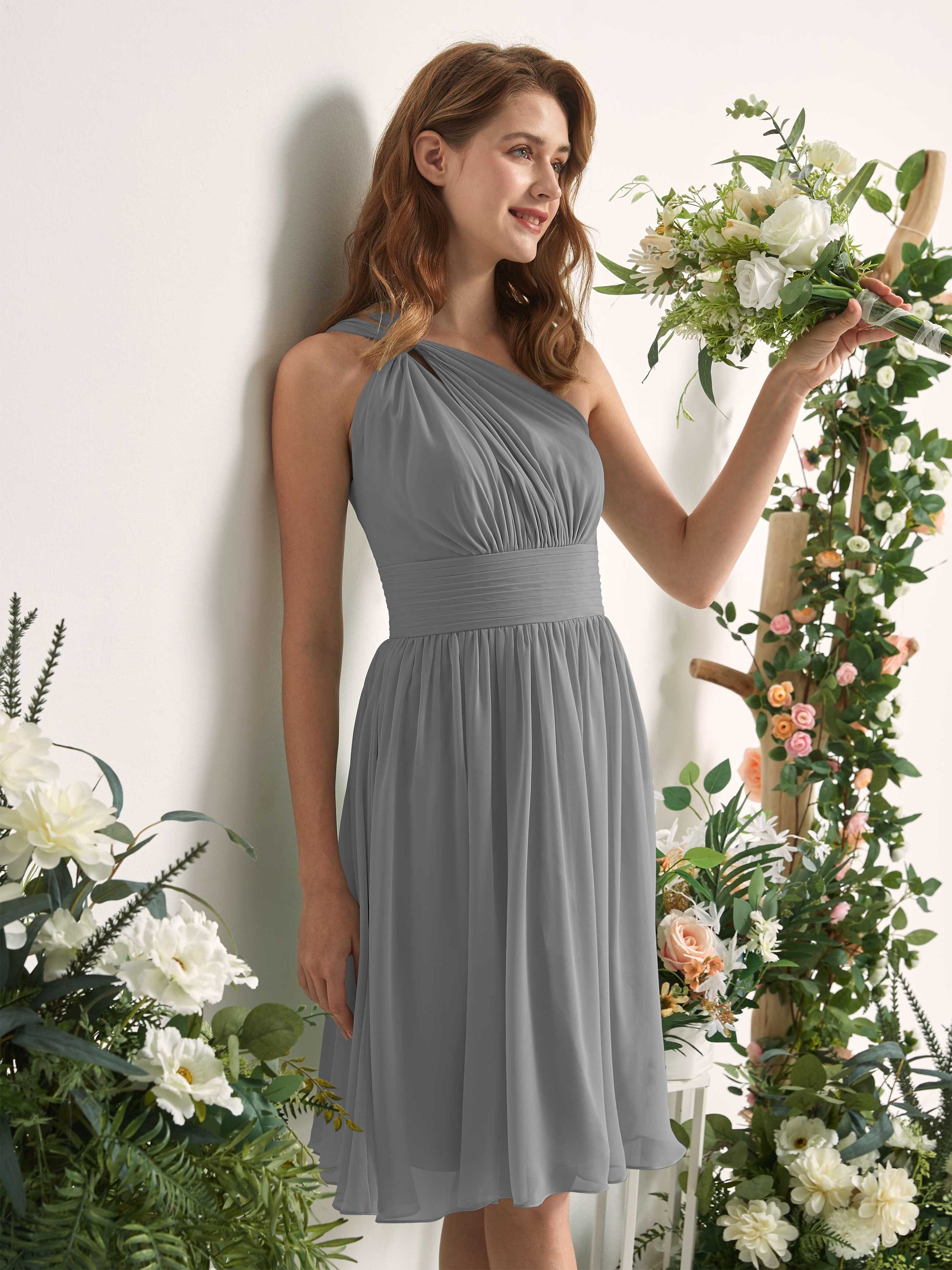 Echo Steel Gray One Shoulder Midi Dress