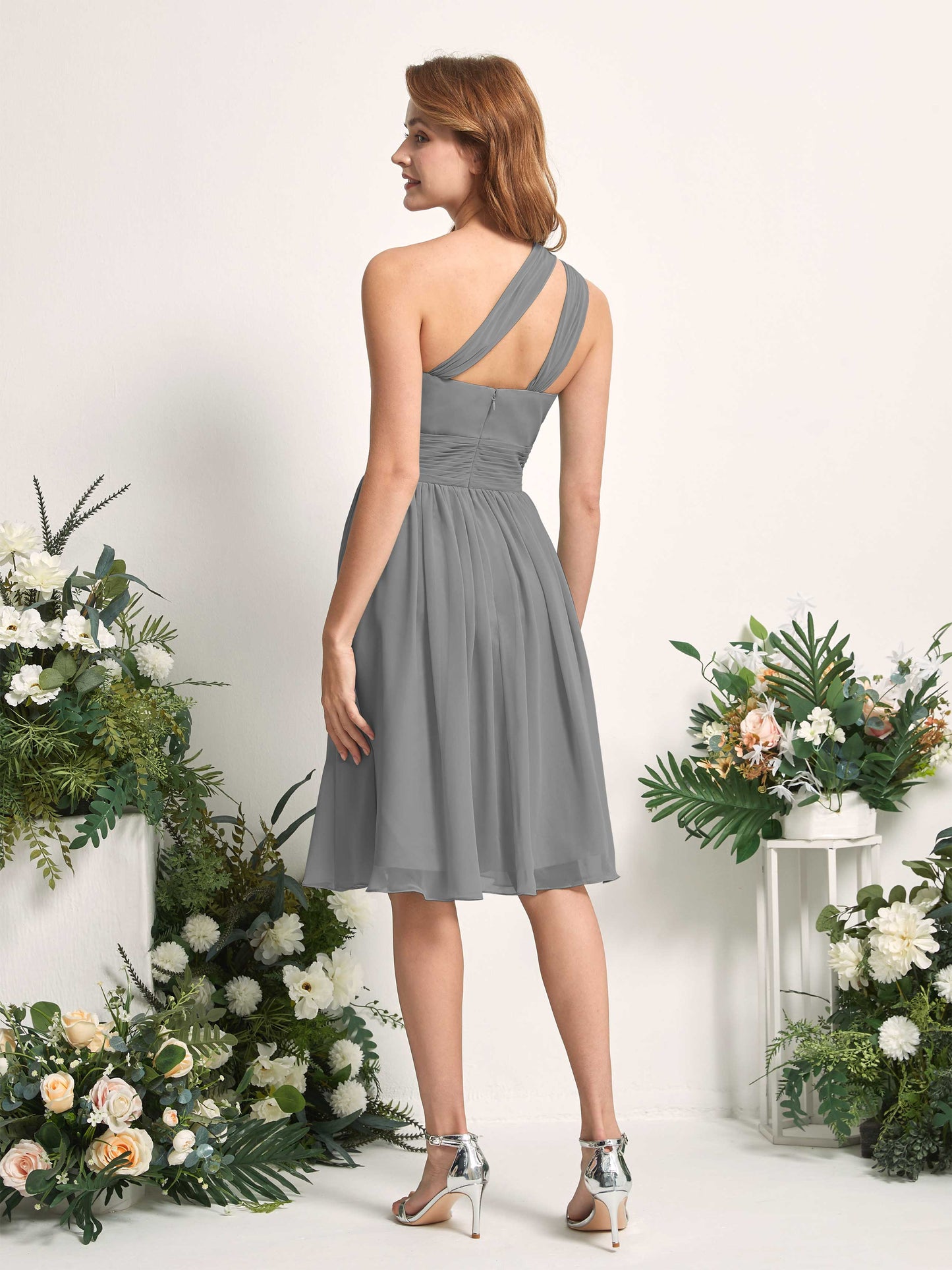 Echo Steel Gray One Shoulder Midi Dress