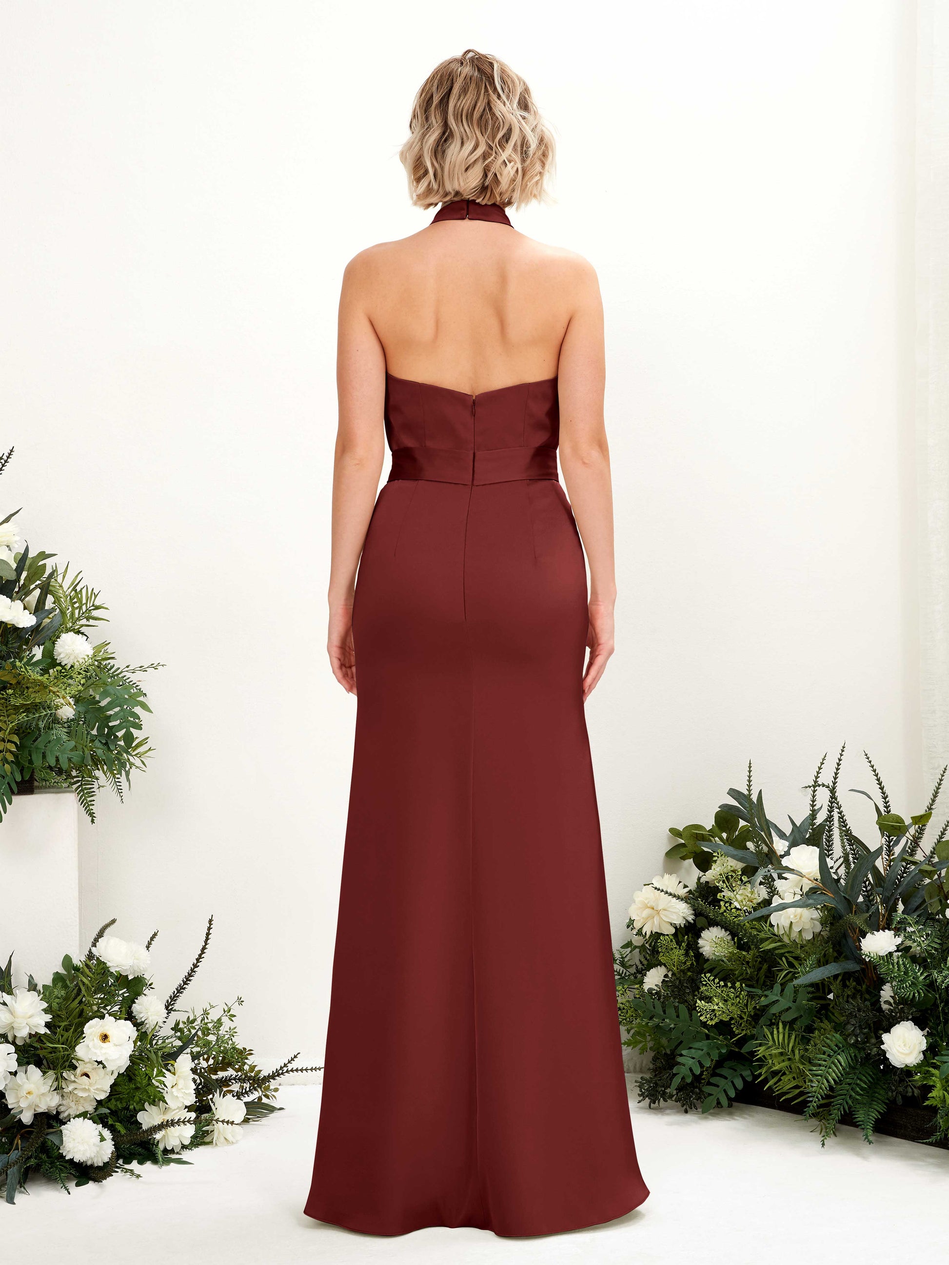 Edwina Burgundy Satin Halter Maxi Dress