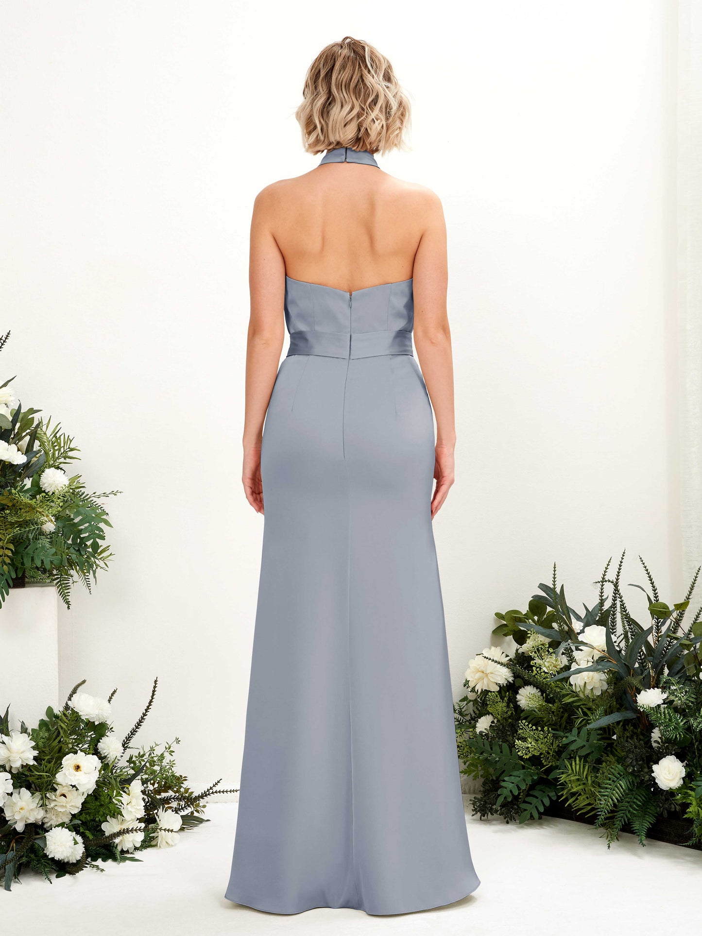 Edwina Dusty Blue Satin Halter Maxi Dress