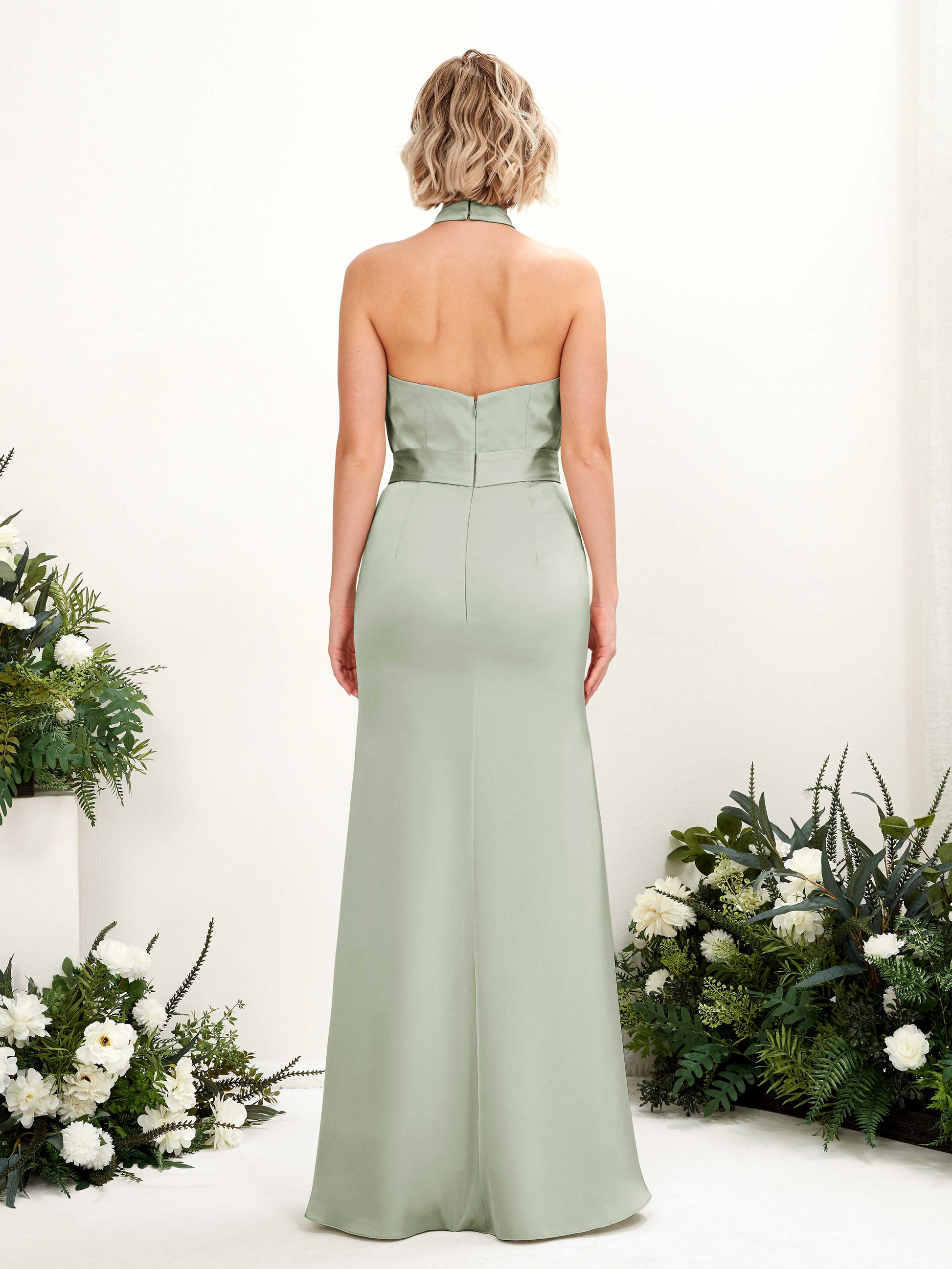 Edwina Sage Green Satin Halter Maxi Dress