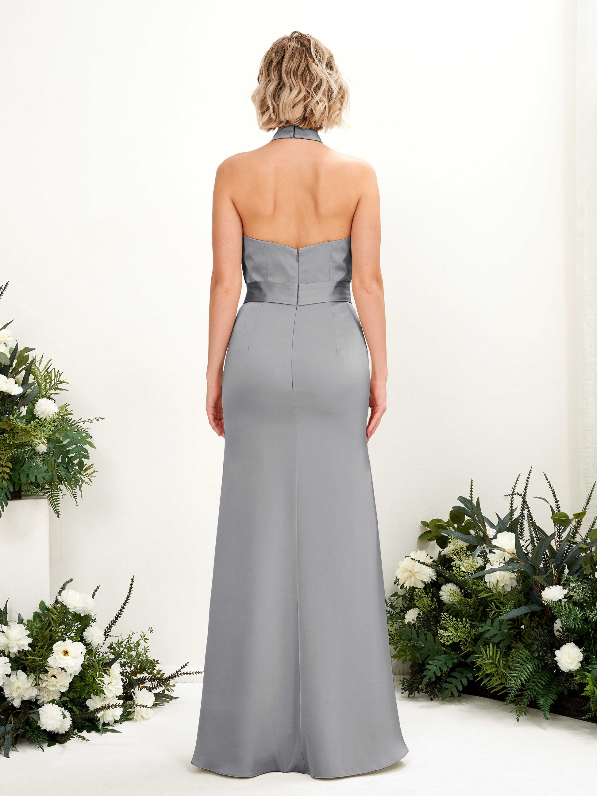 Edwina Steel Gray Satin Halter Maxi Dress