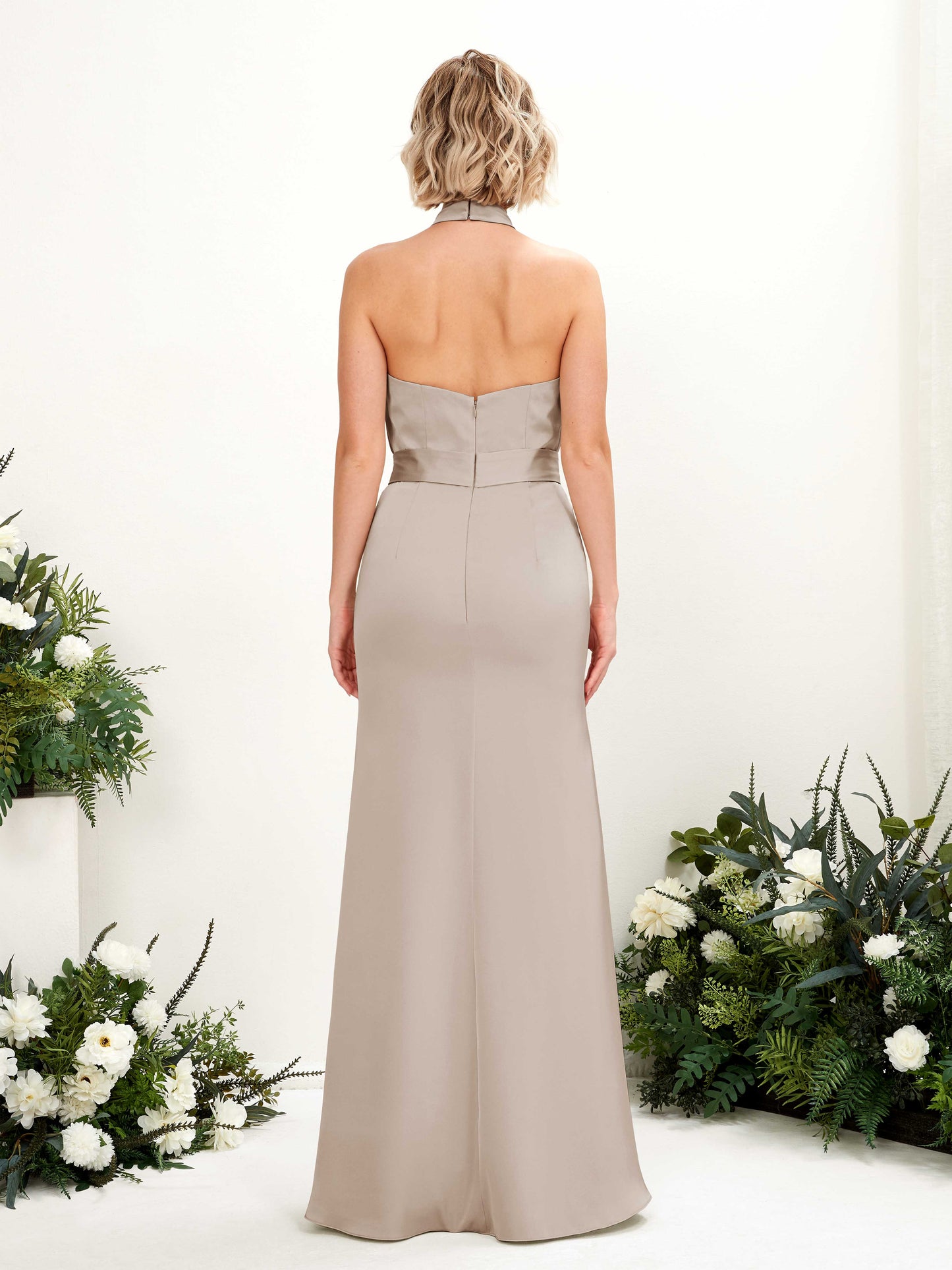 Edwina Taupe Satin Halter Maxi Dress