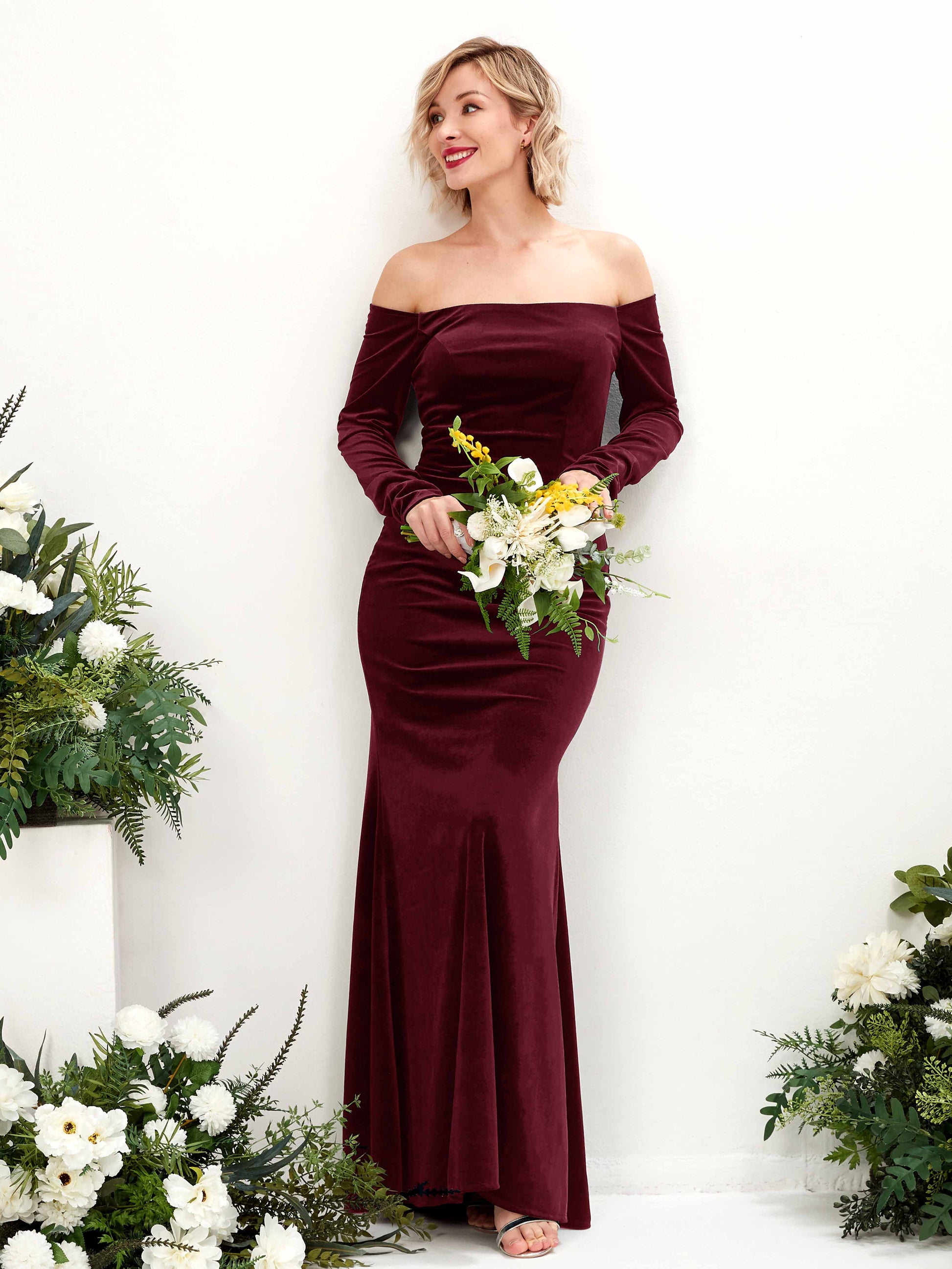 Elaine Burgundy Velvet Off Shoulder Maxi Dress