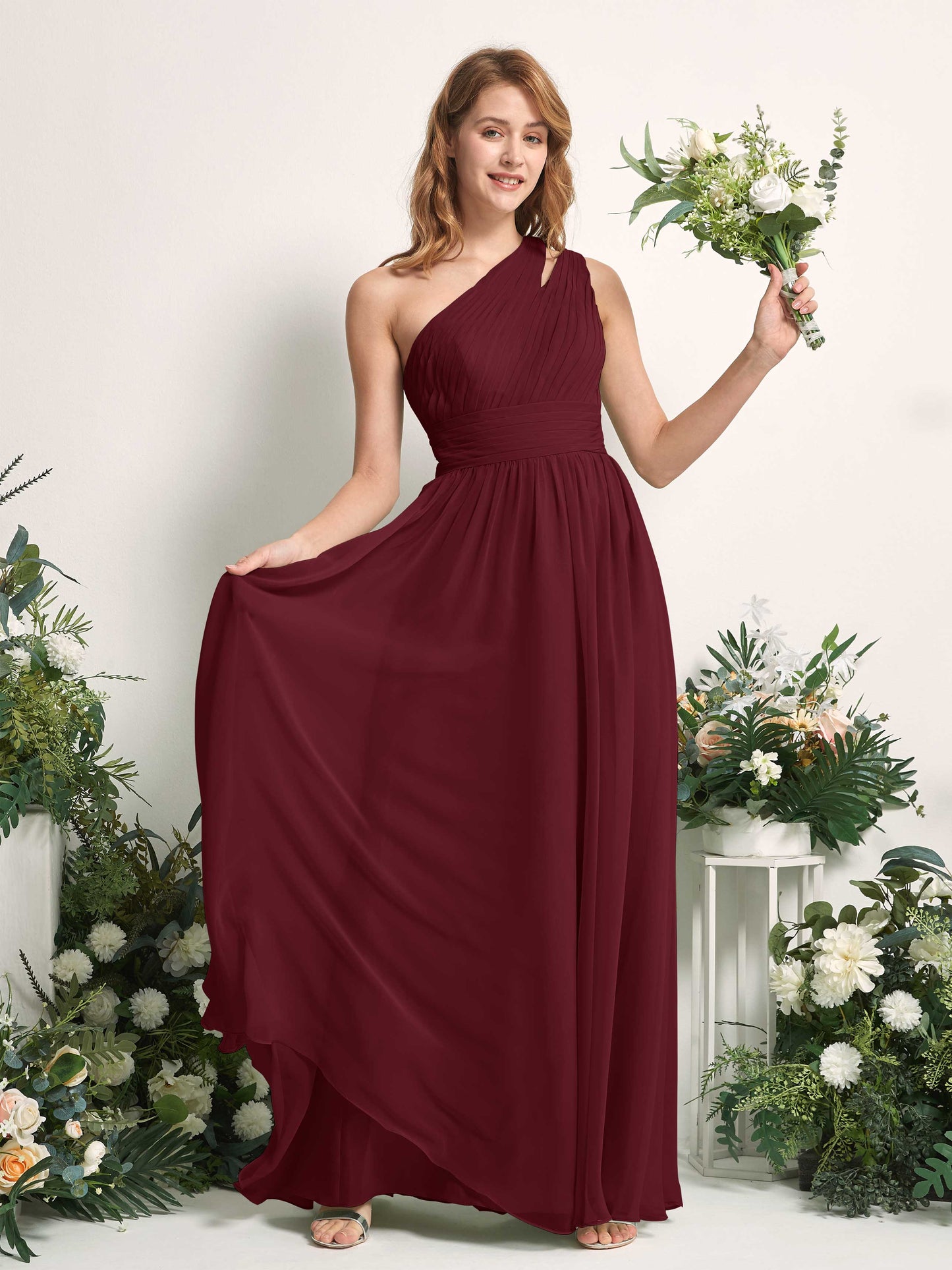 Evelyn Burgundy One Shoulder Maxi Dress