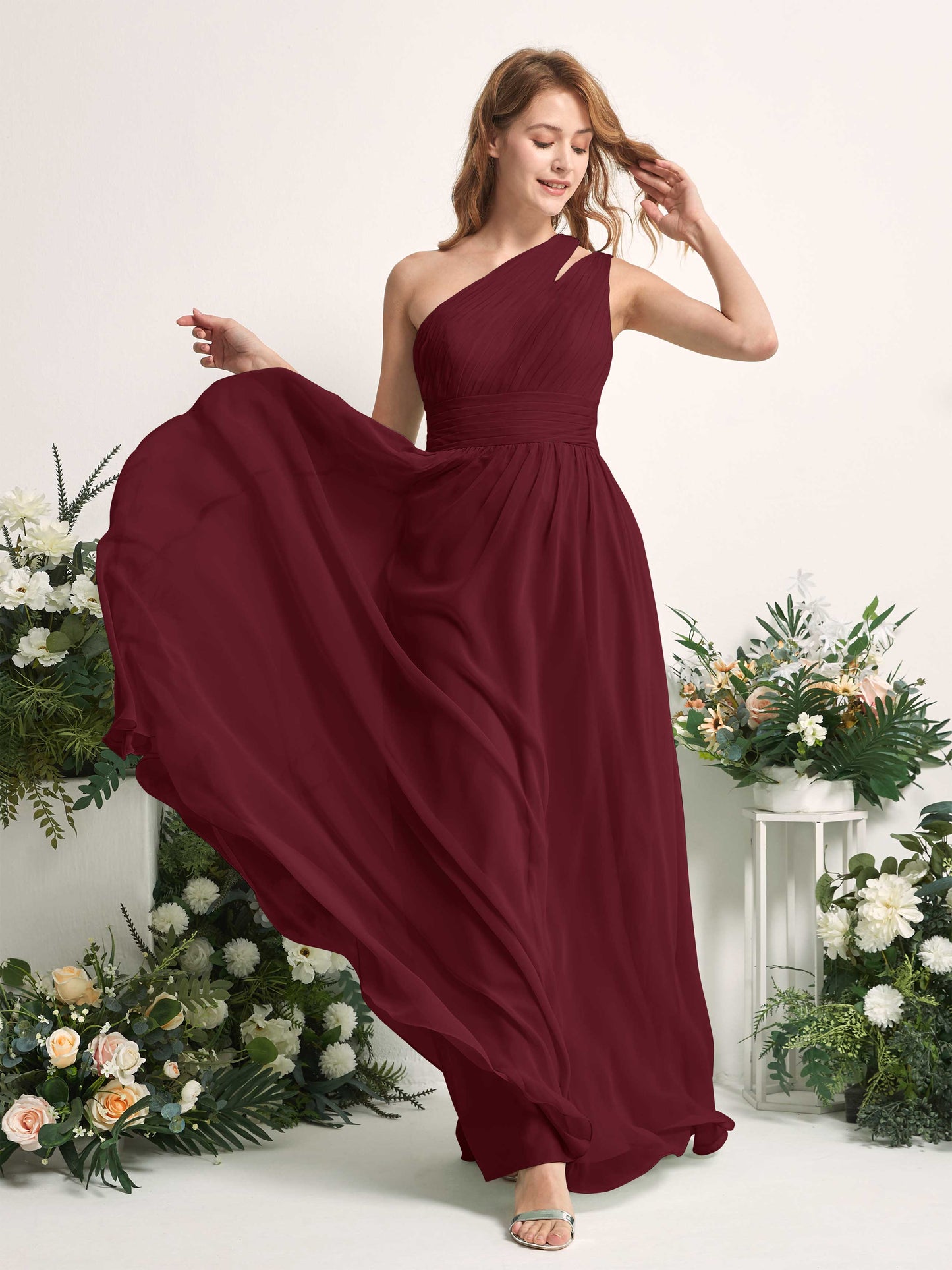 Evelyn Burgundy One Shoulder Maxi Dress