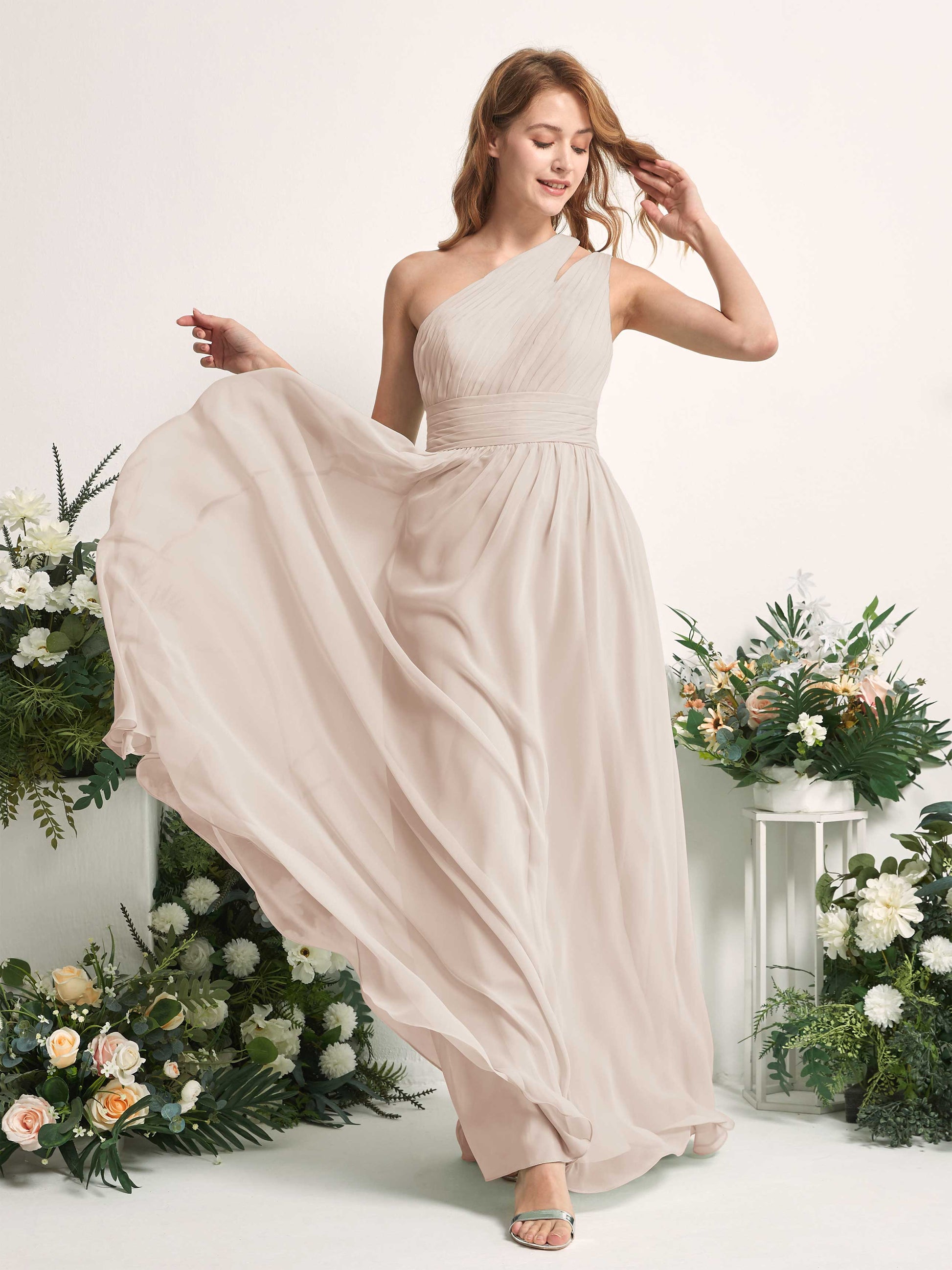 Evelyn Champagne One Shoulder Maxi Dress