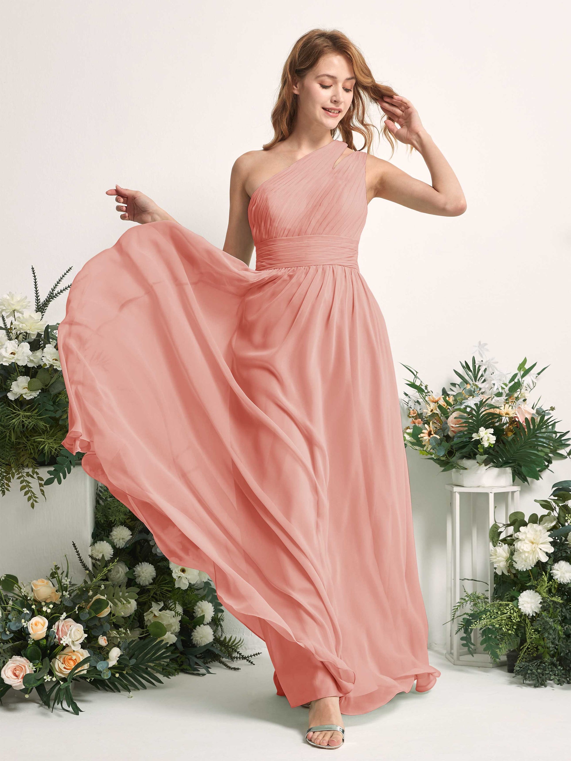 Evelyn Champagne Rose One Shoulder Maxi Dress