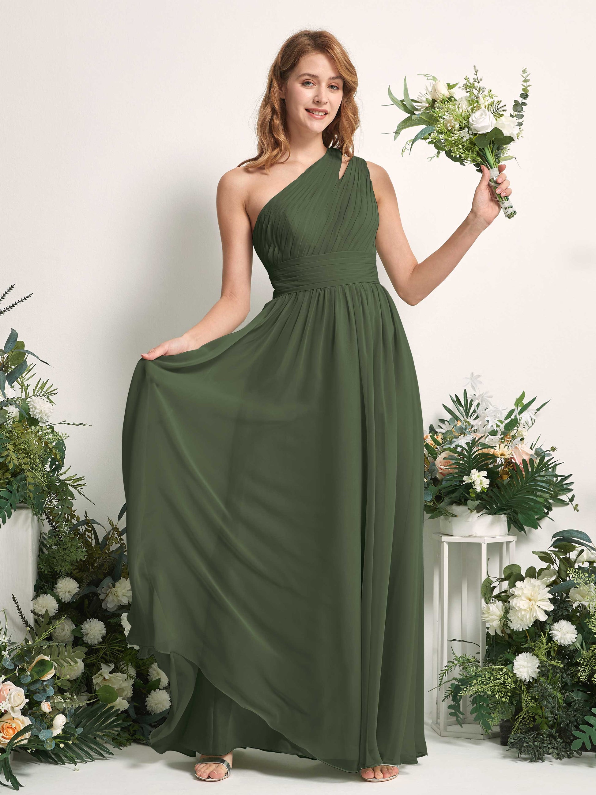 Evelyn Martini Olive One Shoulder Maxi Dress