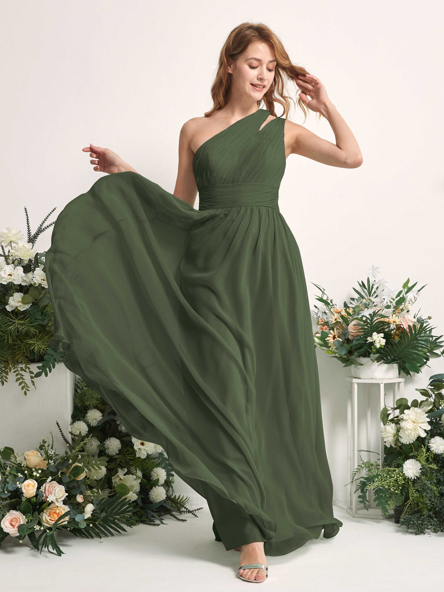 Evelyn Martini Olive One Shoulder Maxi Dress