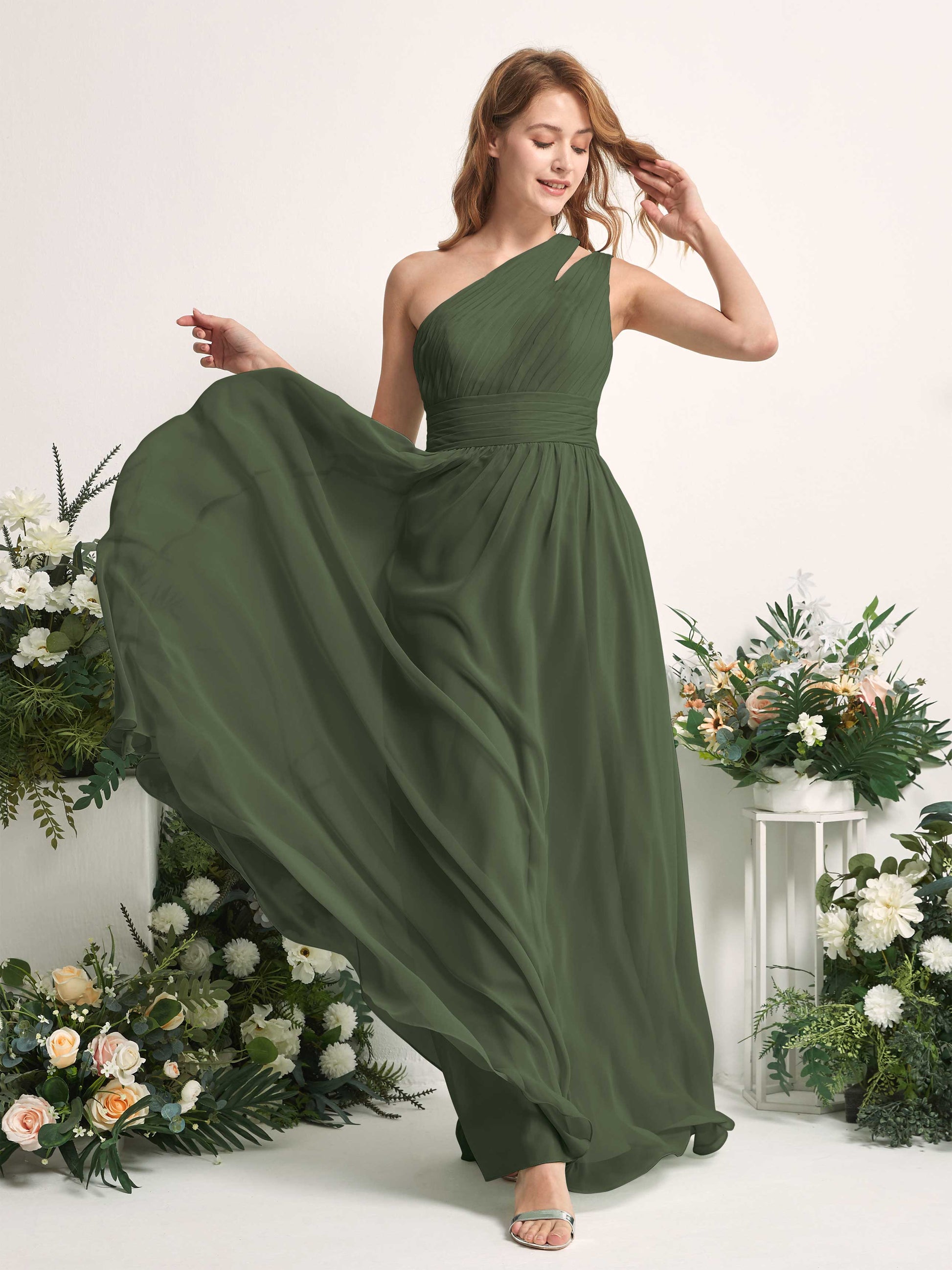 Evelyn Martini Olive One Shoulder Maxi Dress