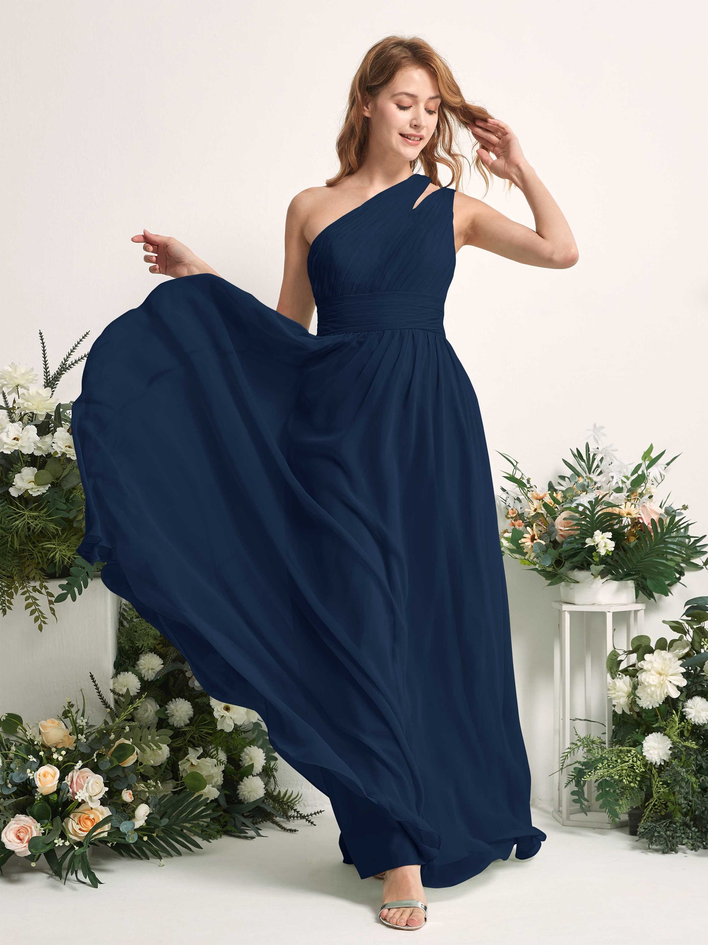 Evelyn Navy One Shoulder Maxi Dress