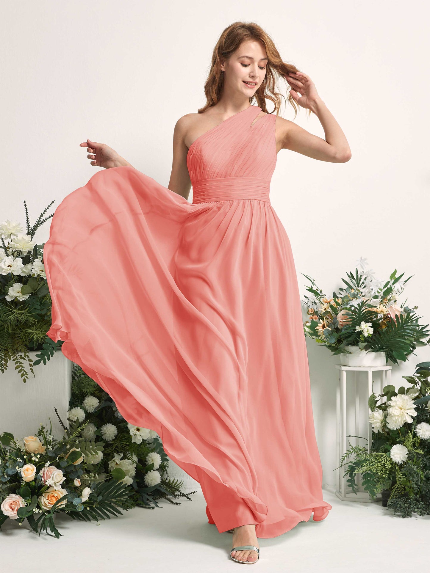 Evelyn Peach Pink One Shoulder Maxi Dress