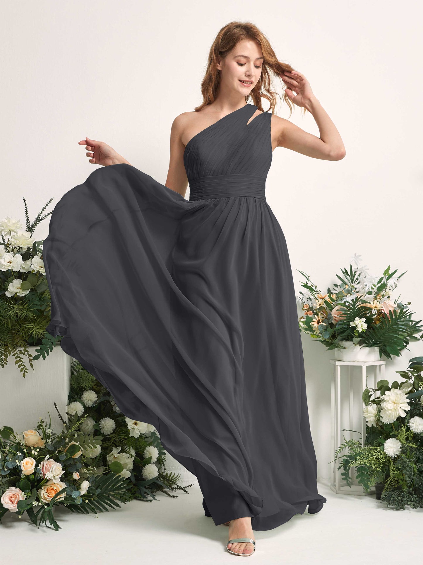 Evelyn Pewter One Shoulder Maxi Dress