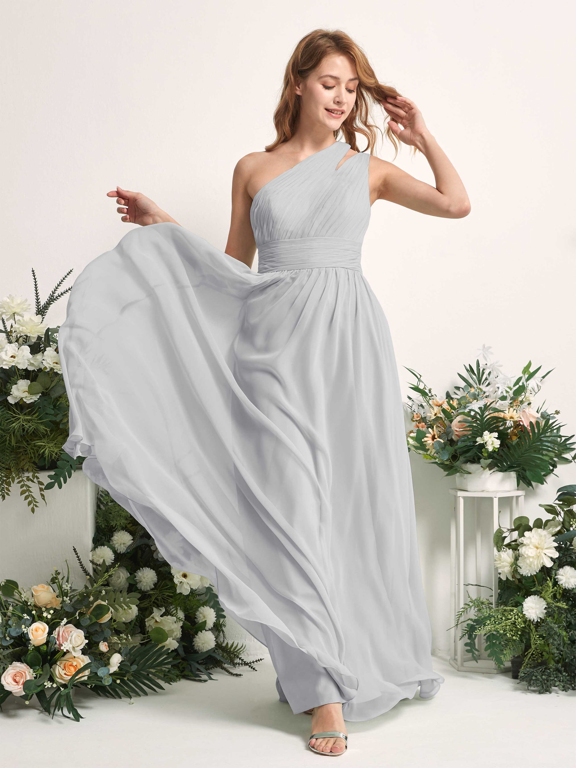 Evelyn Silver One Shoulder Maxi Dress