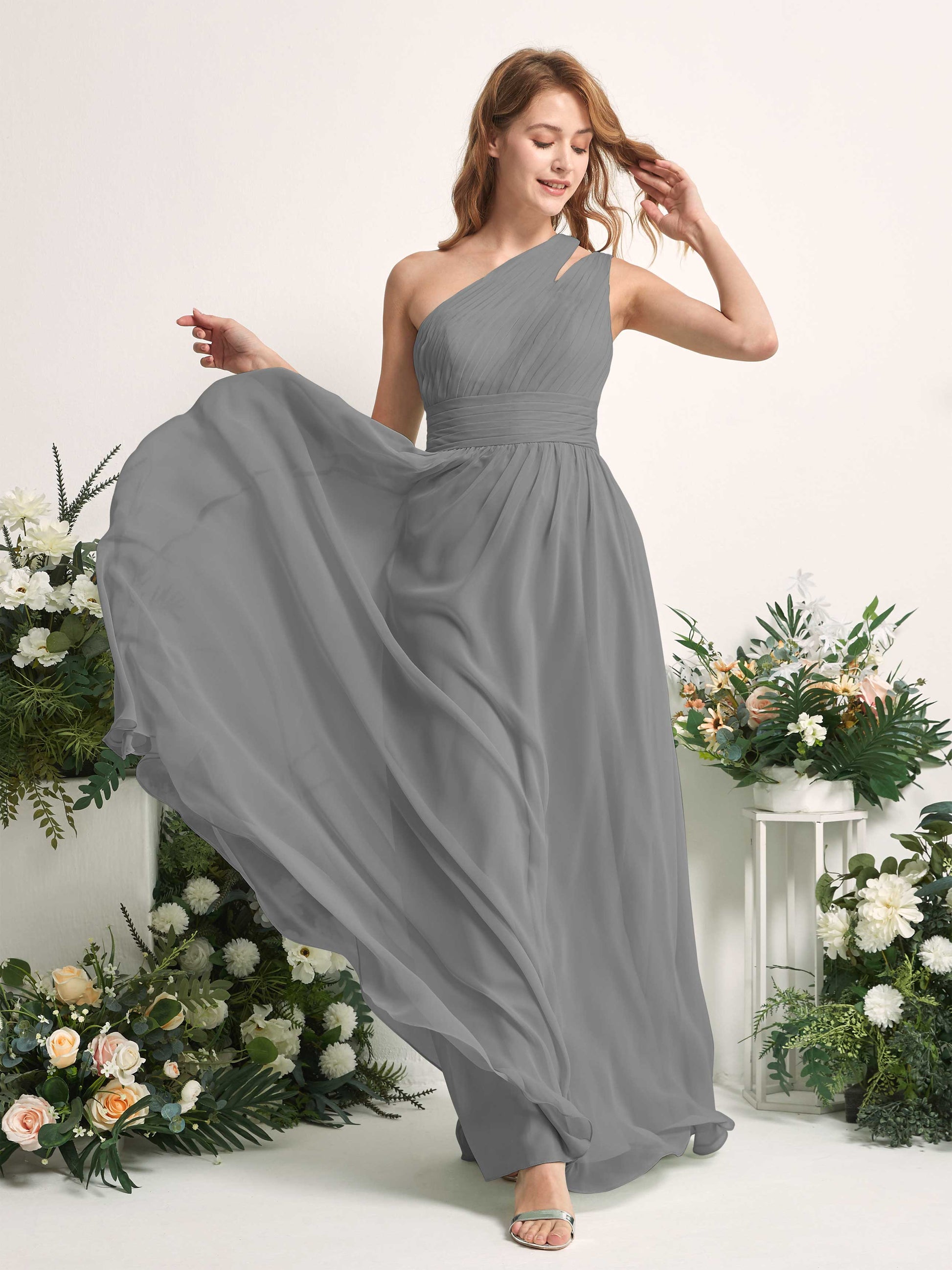 Evelyn Steel Gray One Shoulder Maxi Dress