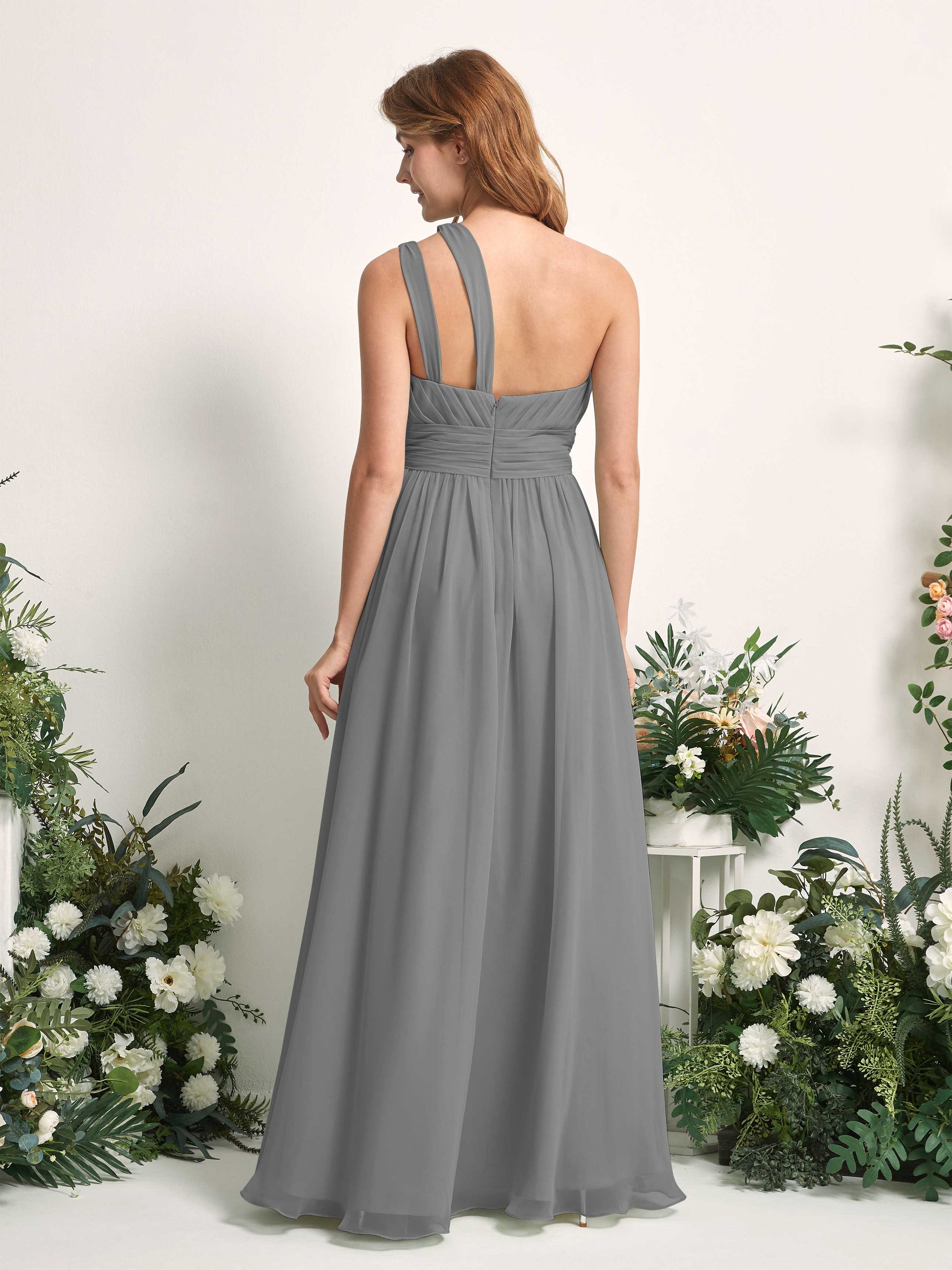 Evelyn Steel Gray One Shoulder Maxi Dress