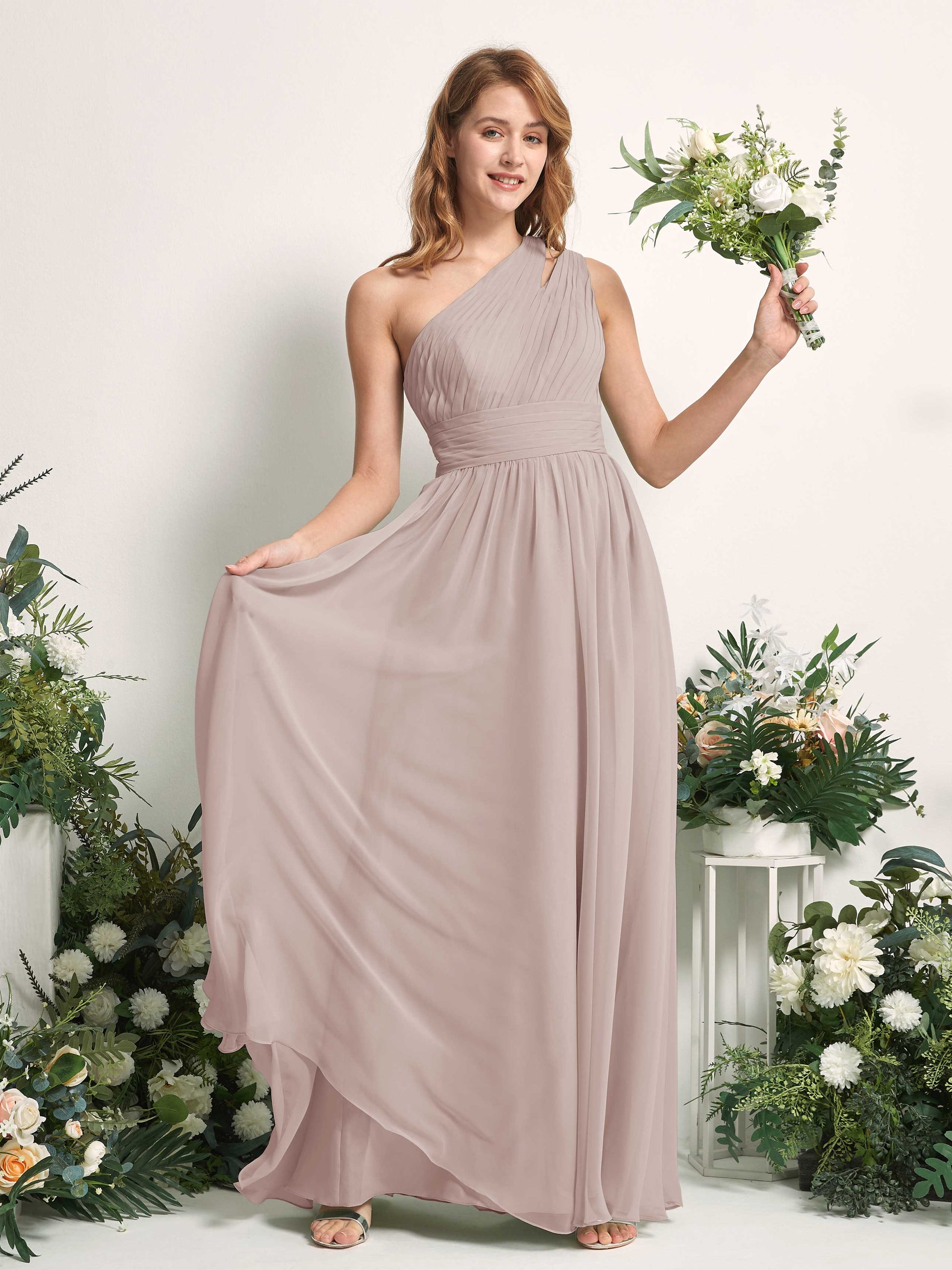 Evelyn Taupe One Shoulder Maxi Dress