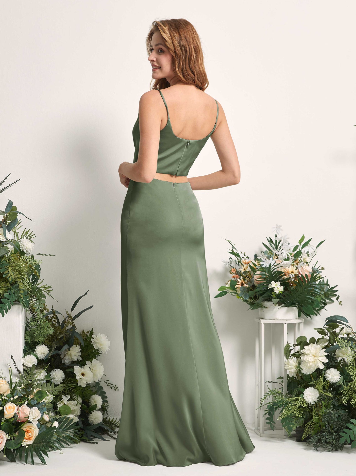 Felicity Green Olive Satin Sleeveless Maxi Dress