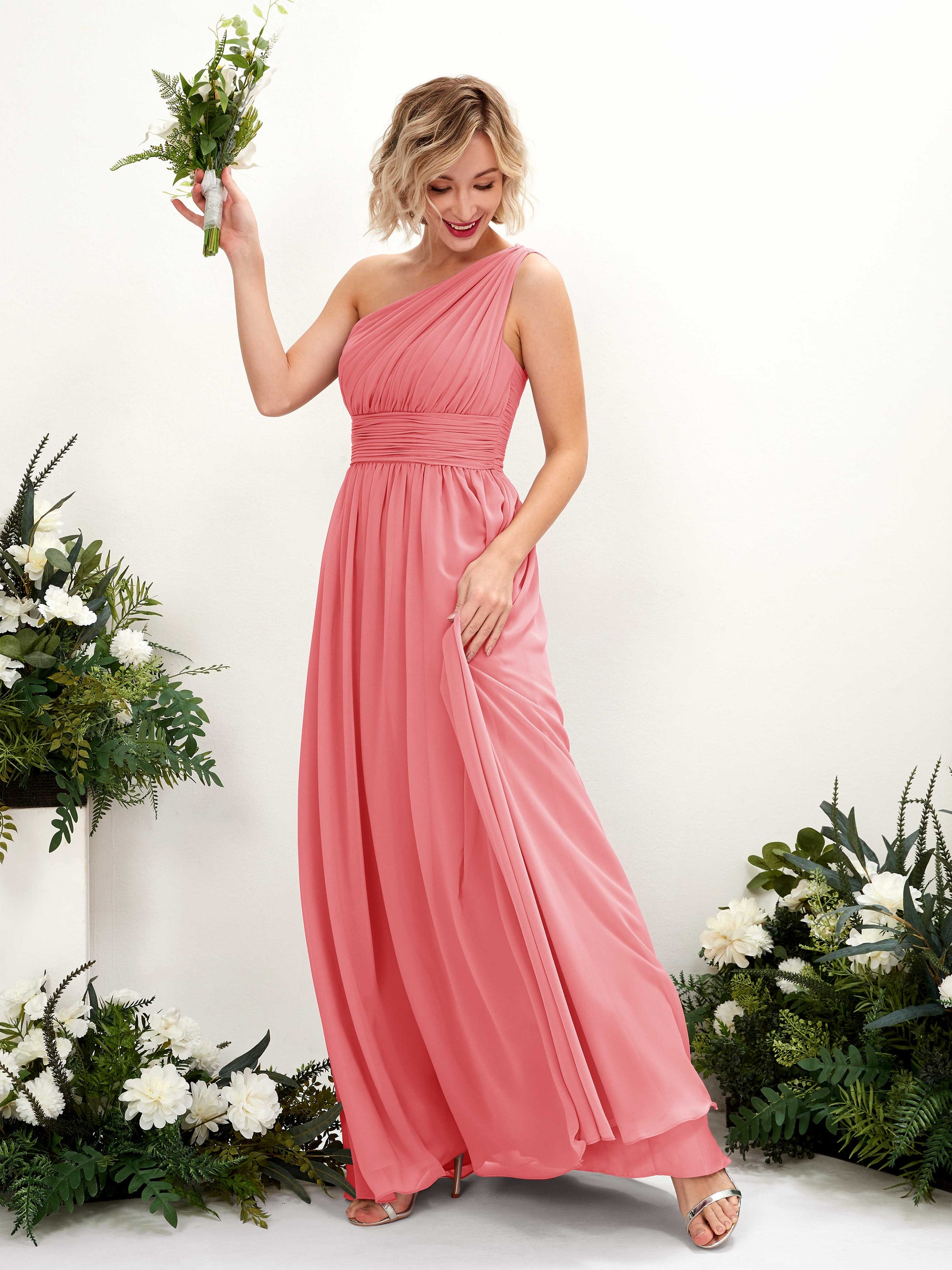 Flaze Coral Pink One Shoulder Maxi Dress