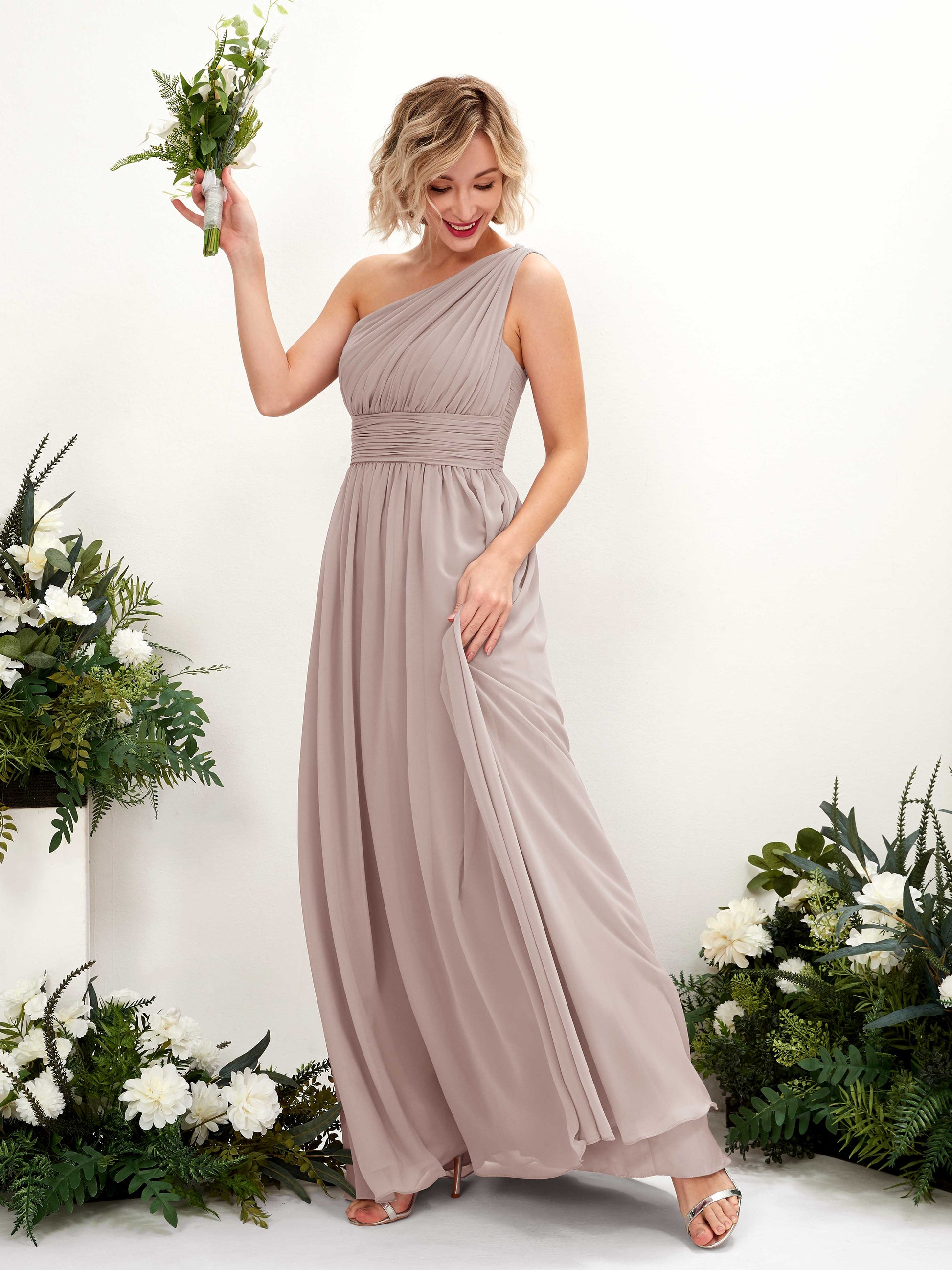 Flaze Taupe One Shoulder Maxi Dress