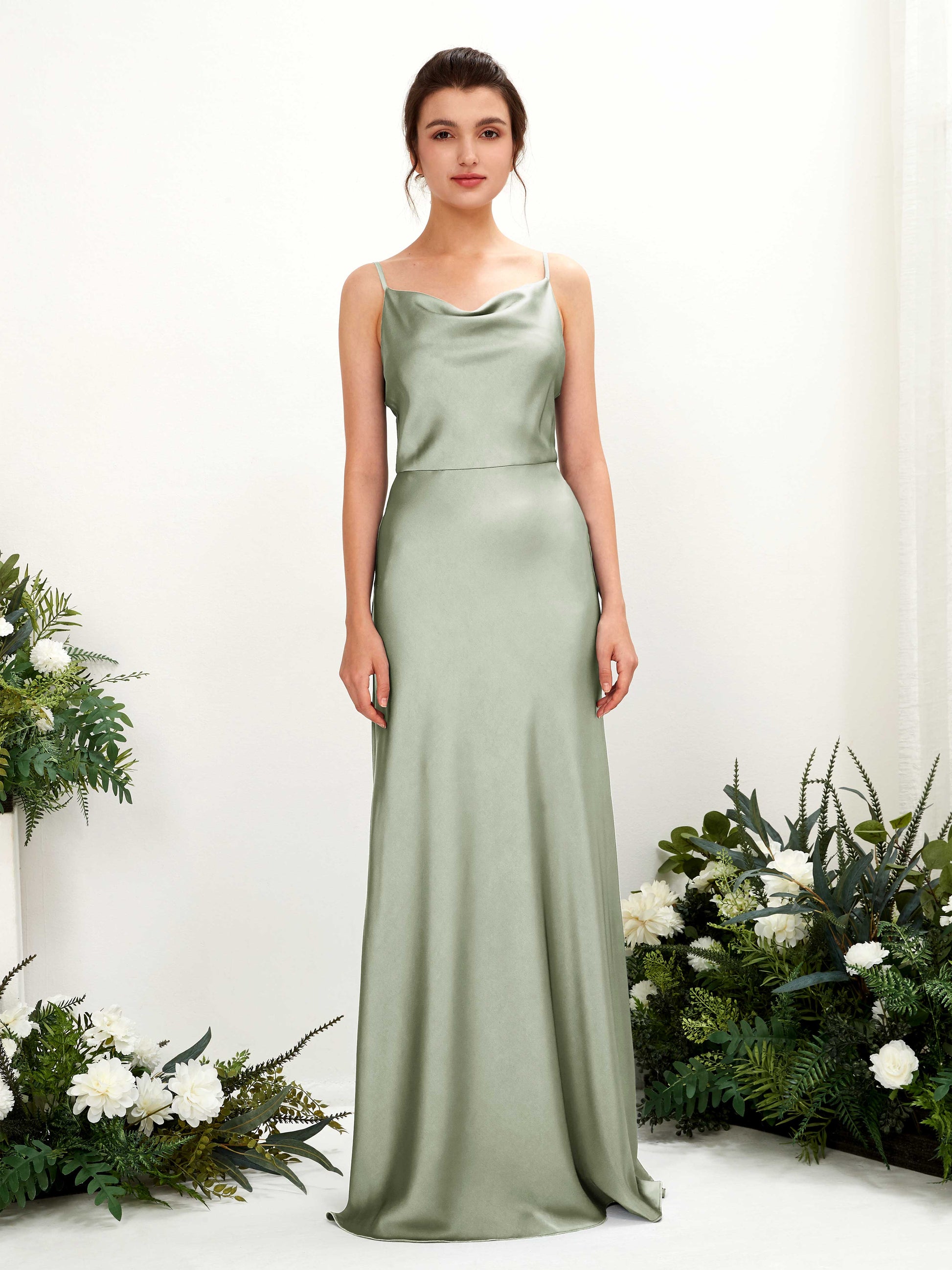 Flora Sage Green Satin Sleeveless Maxi Dress