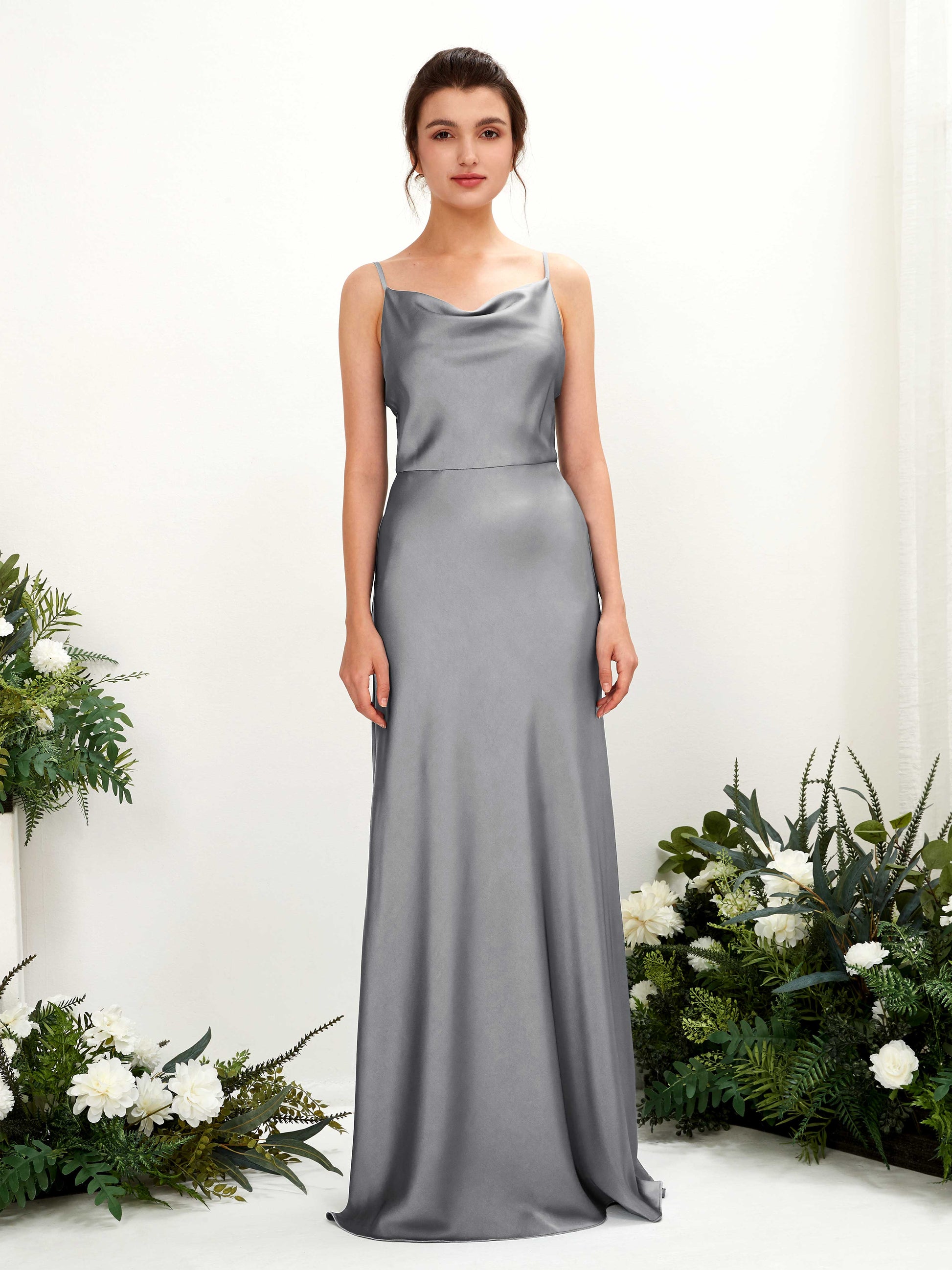 Flora Steel Gray Satin Sleeveless Maxi Dress