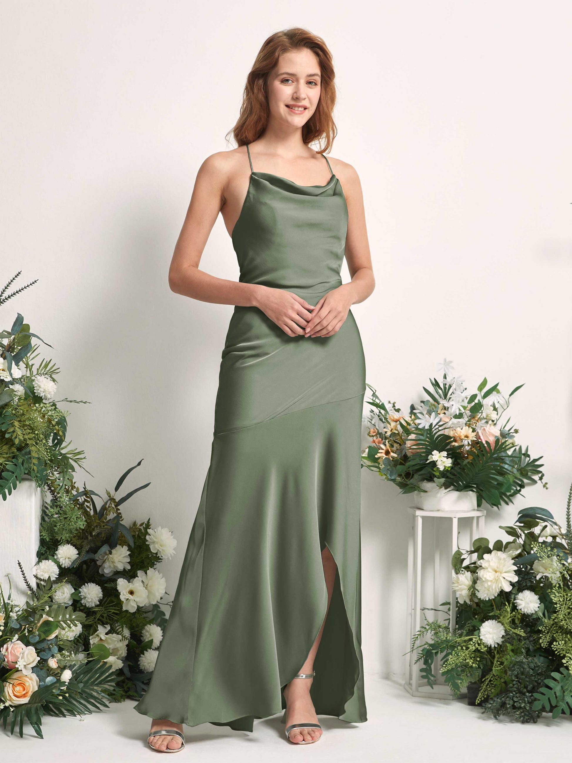 Florence Green Olive Satin Sleeveless Maxi Dress