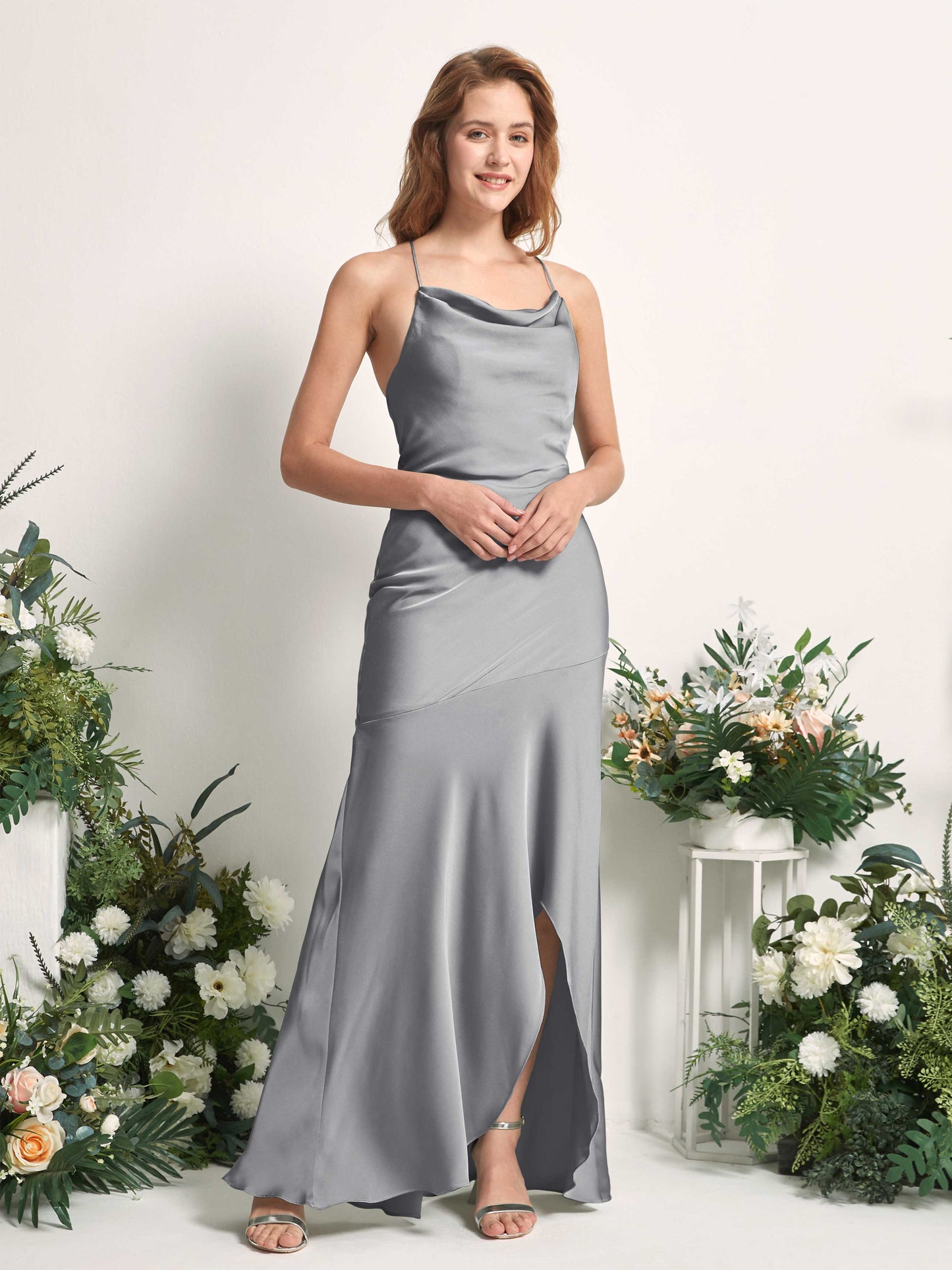 Florence Steel Gray Satin Sleeveless Maxi Dress