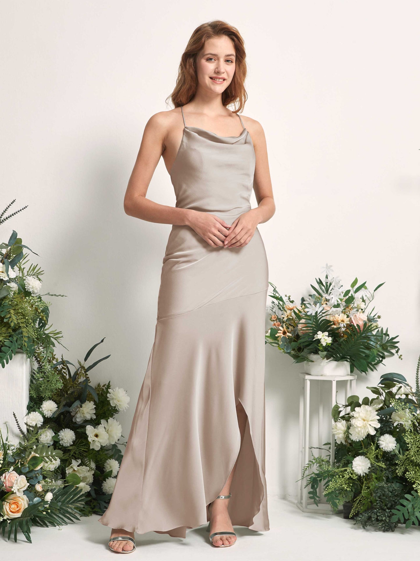 Florence Taupe Satin Sleeveless Maxi Dress