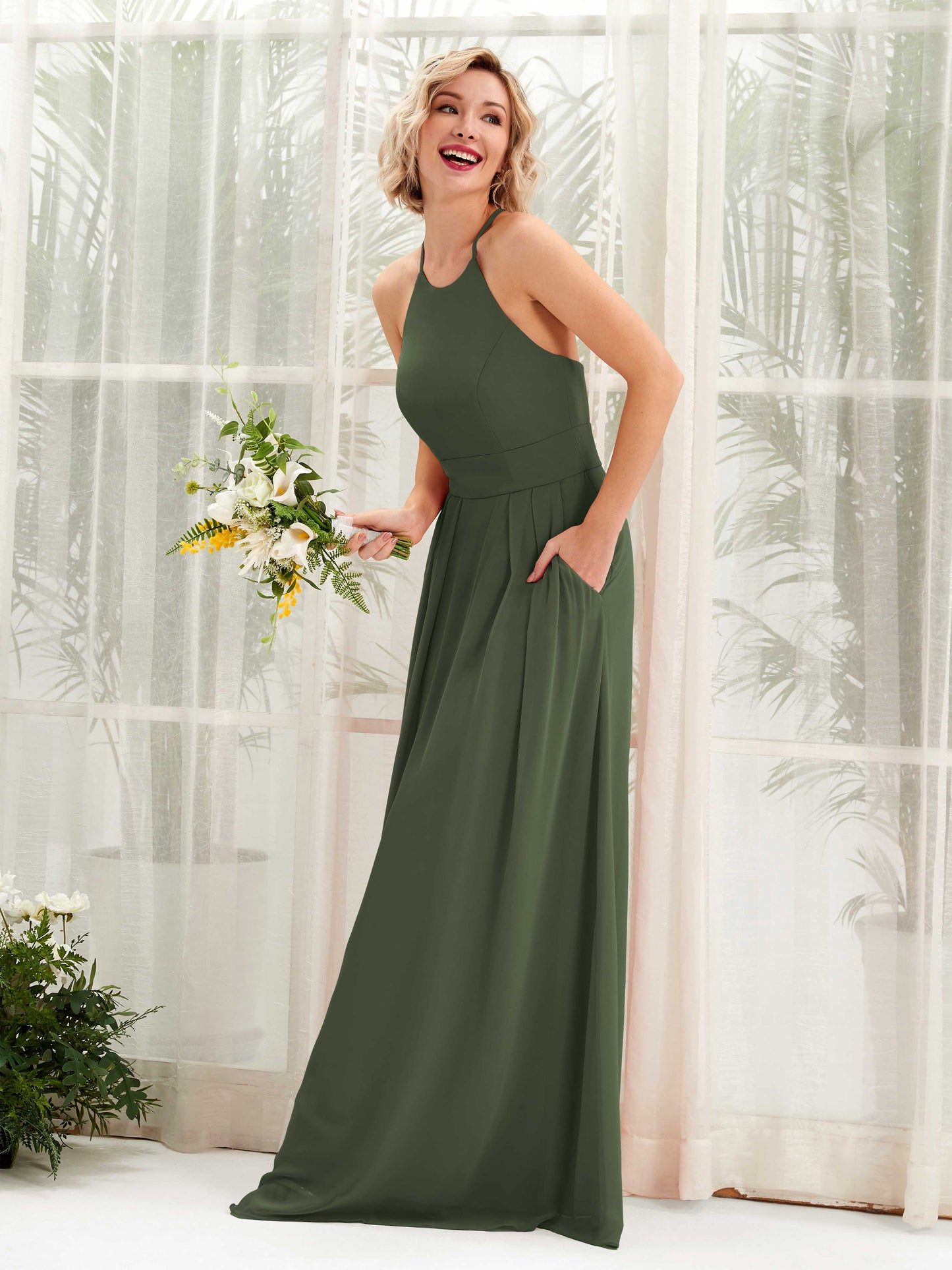 Frances Martini Olive Halter Maxi Dress