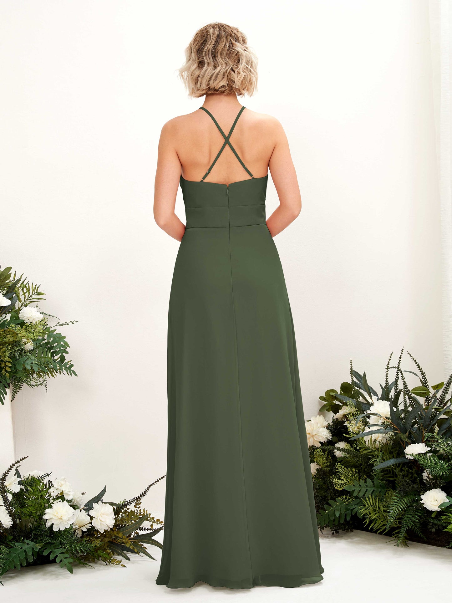 Frances Martini Olive Halter Maxi Dress