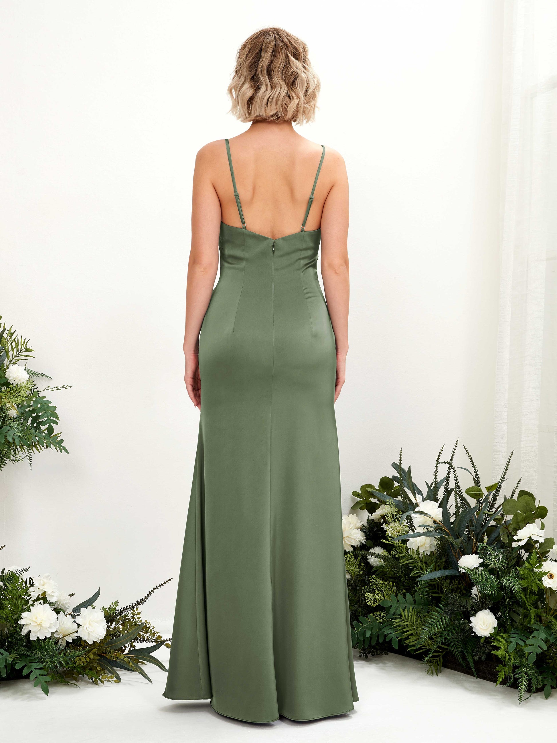 Gloria Green Olive Satin Sleeveless Maxi Dress