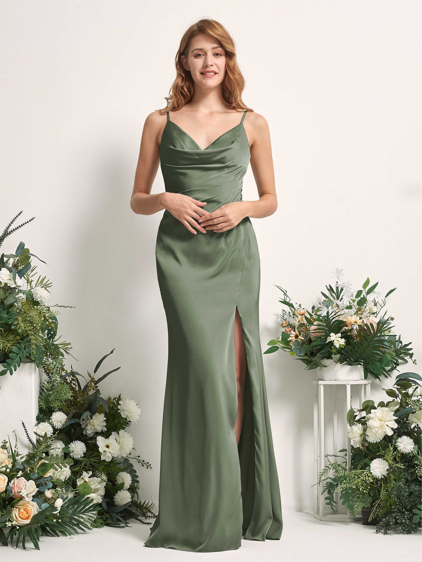 Hayley Green Olive Satin Sleeveless Maxi Dress