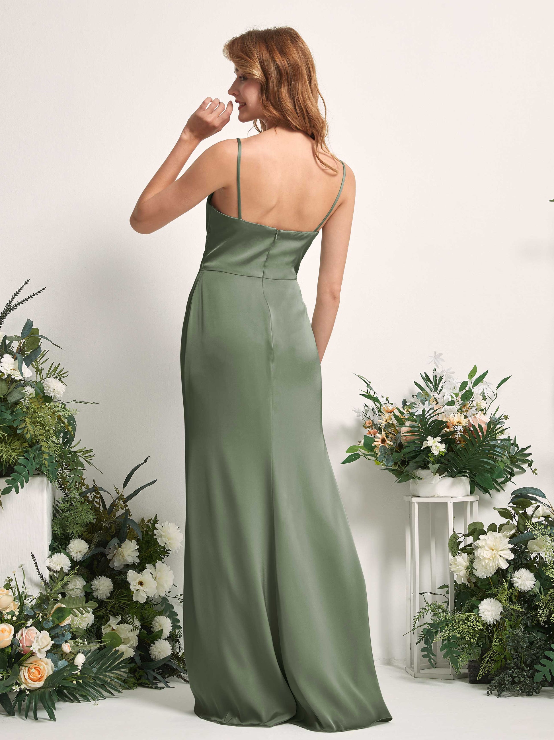 Hayley Green Olive Satin Sleeveless Maxi Dress