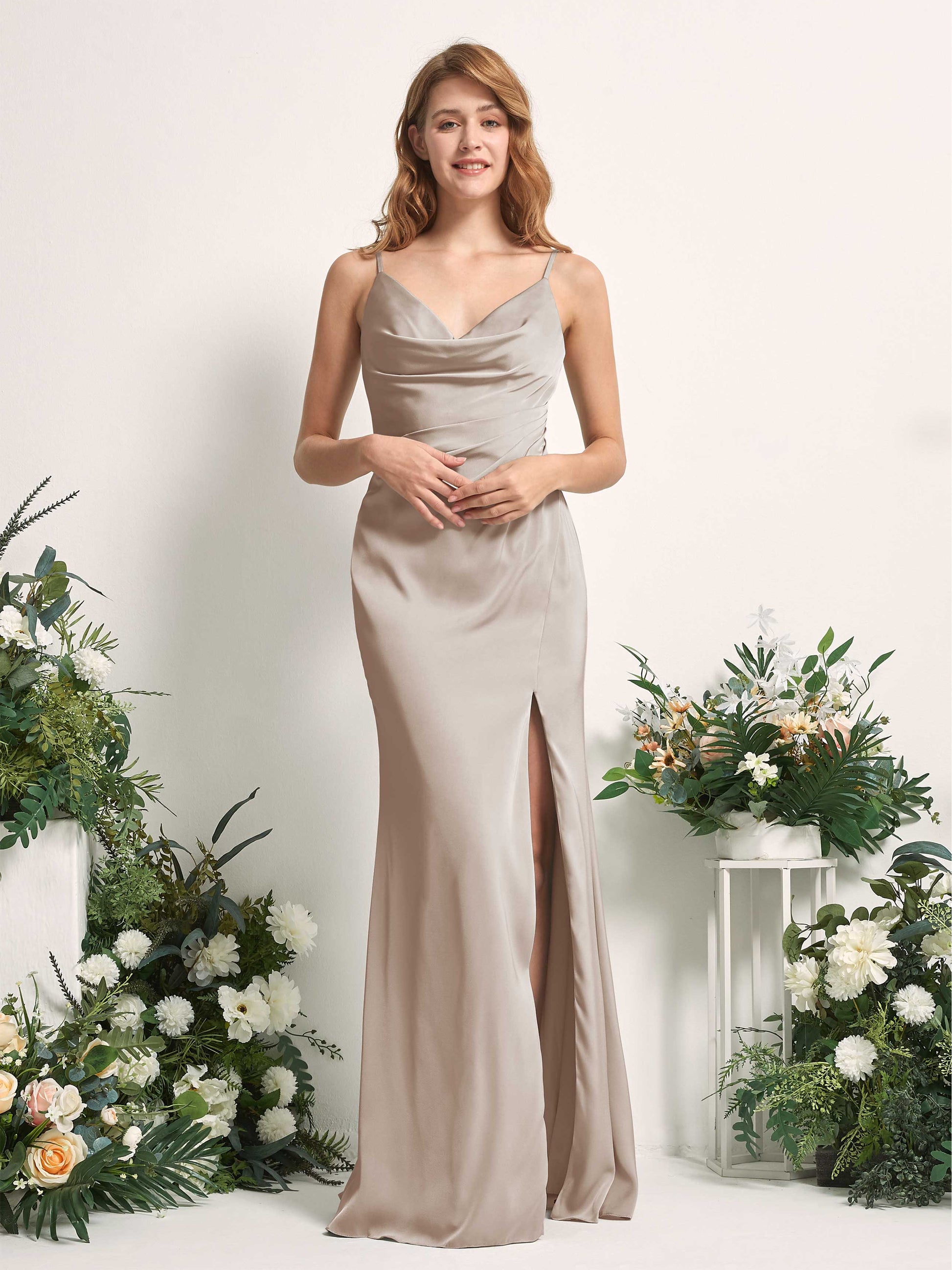 Hayley Taupe Satin Sleeveless Maxi Dress