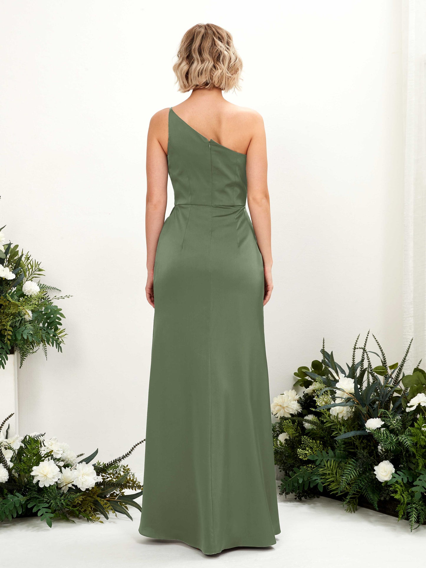 Hedy Green Olive Satin One Shoulder Maxi Dress