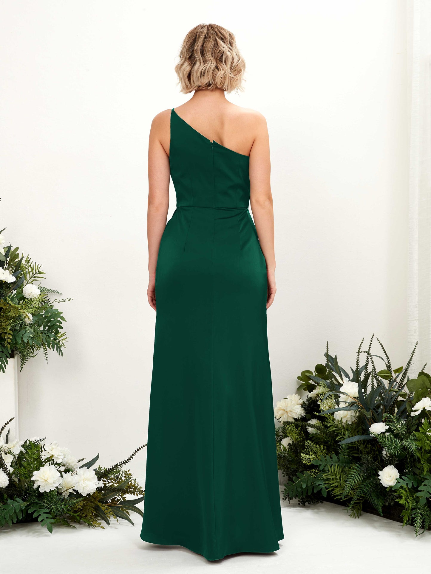 Hedy Hunter Green Satin One Shoulder Maxi Dress