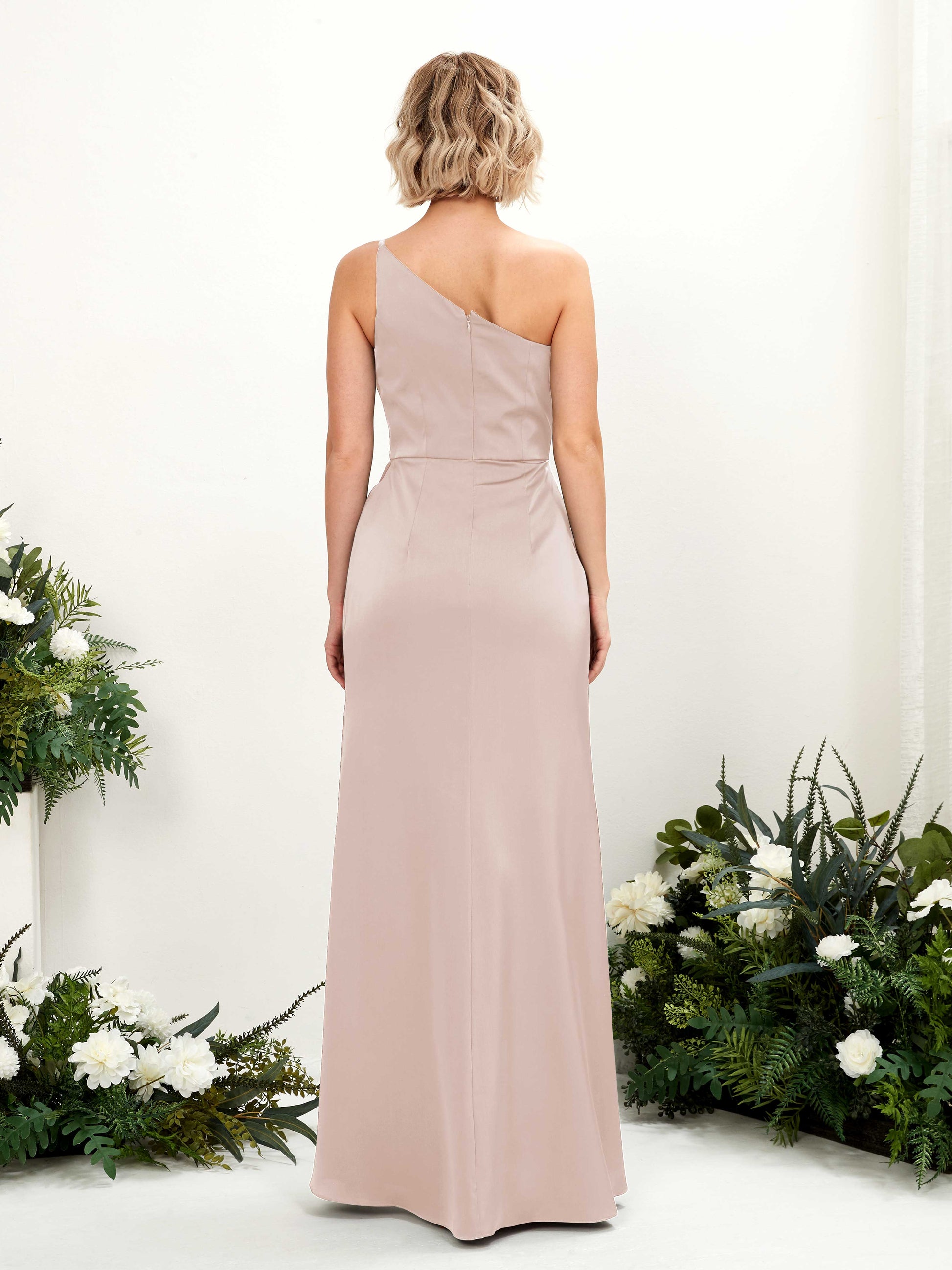 Hedy Pearl Pink Satin One Shoulder Maxi Dress