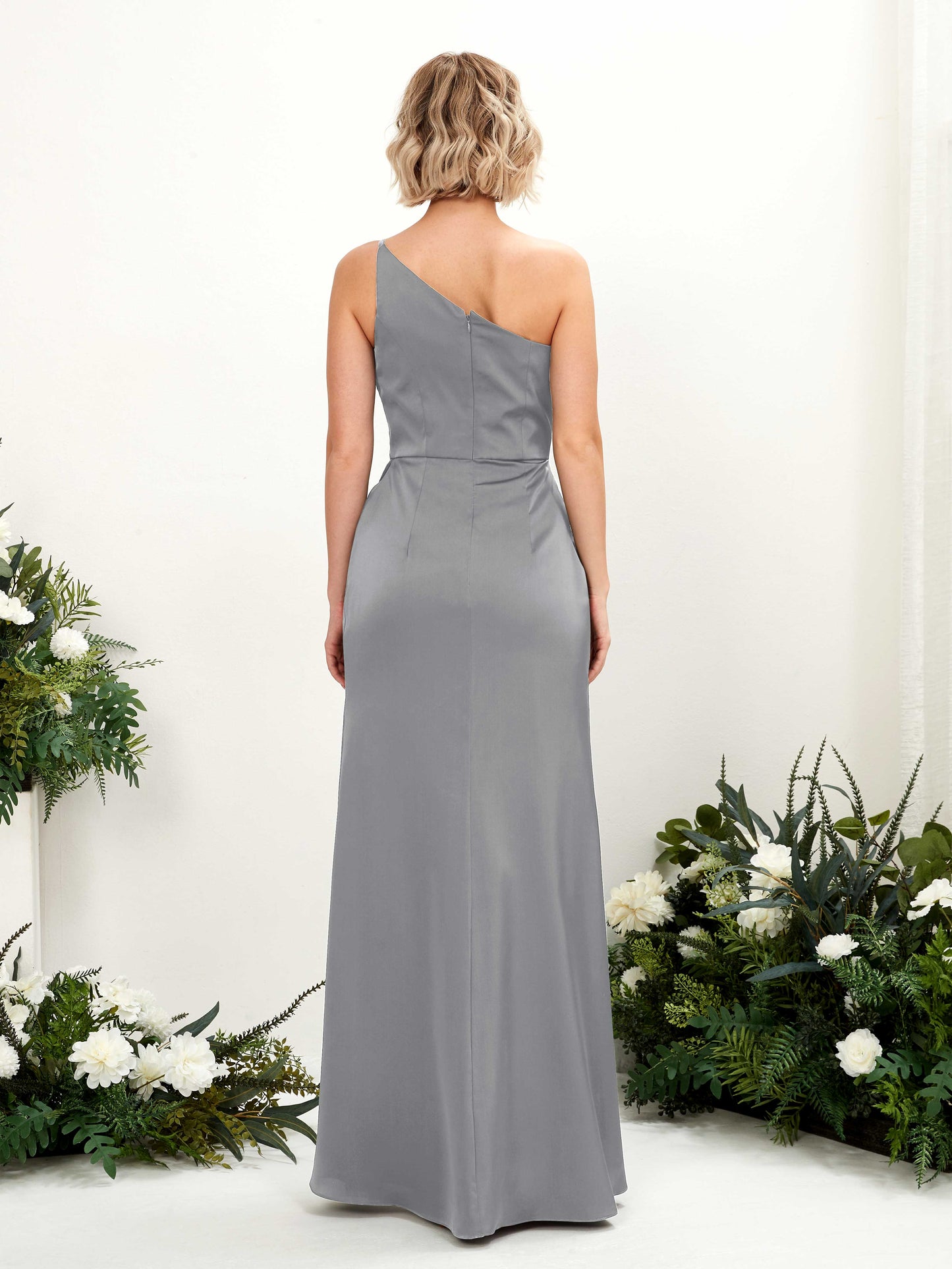 Hedy Steel Gray Satin One Shoulder Maxi Dress