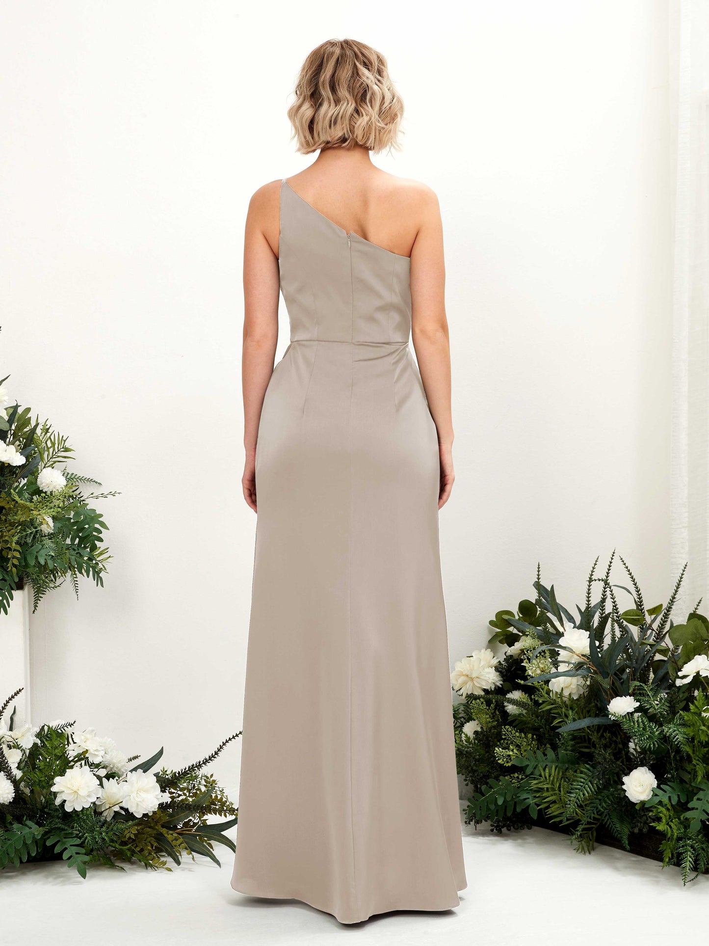 Hedy Taupe Satin One Shoulder Maxi Dress