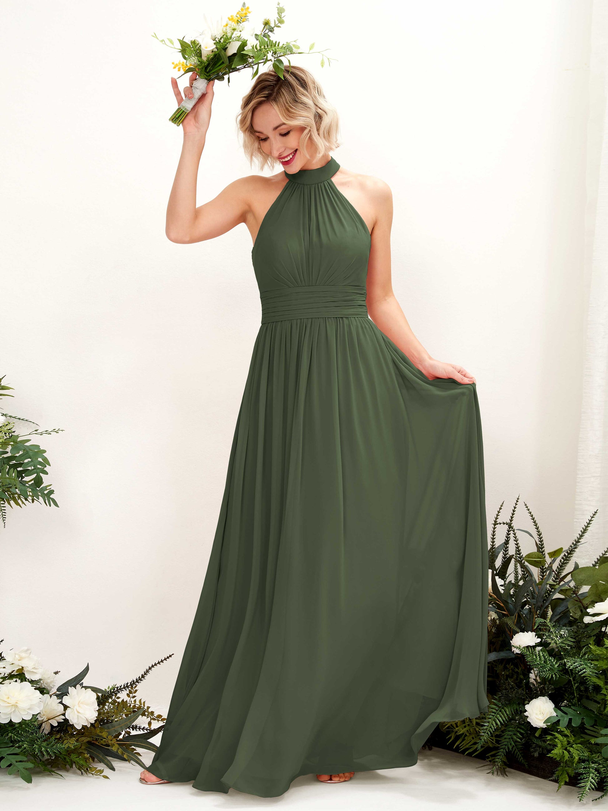 Hilda Martini Olive Halter Maxi Dress