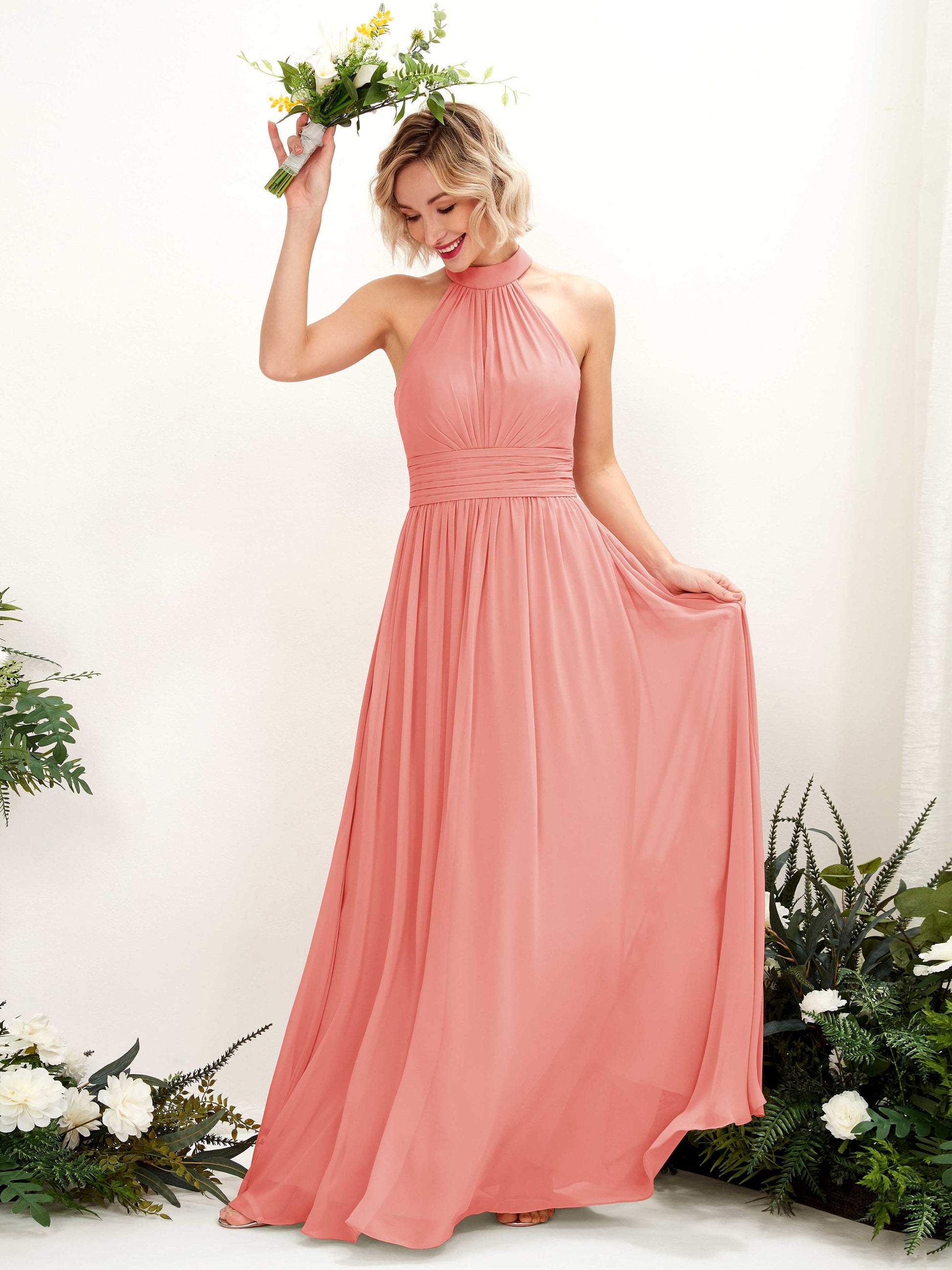 Hilda Peach Pink Halter Maxi Dress