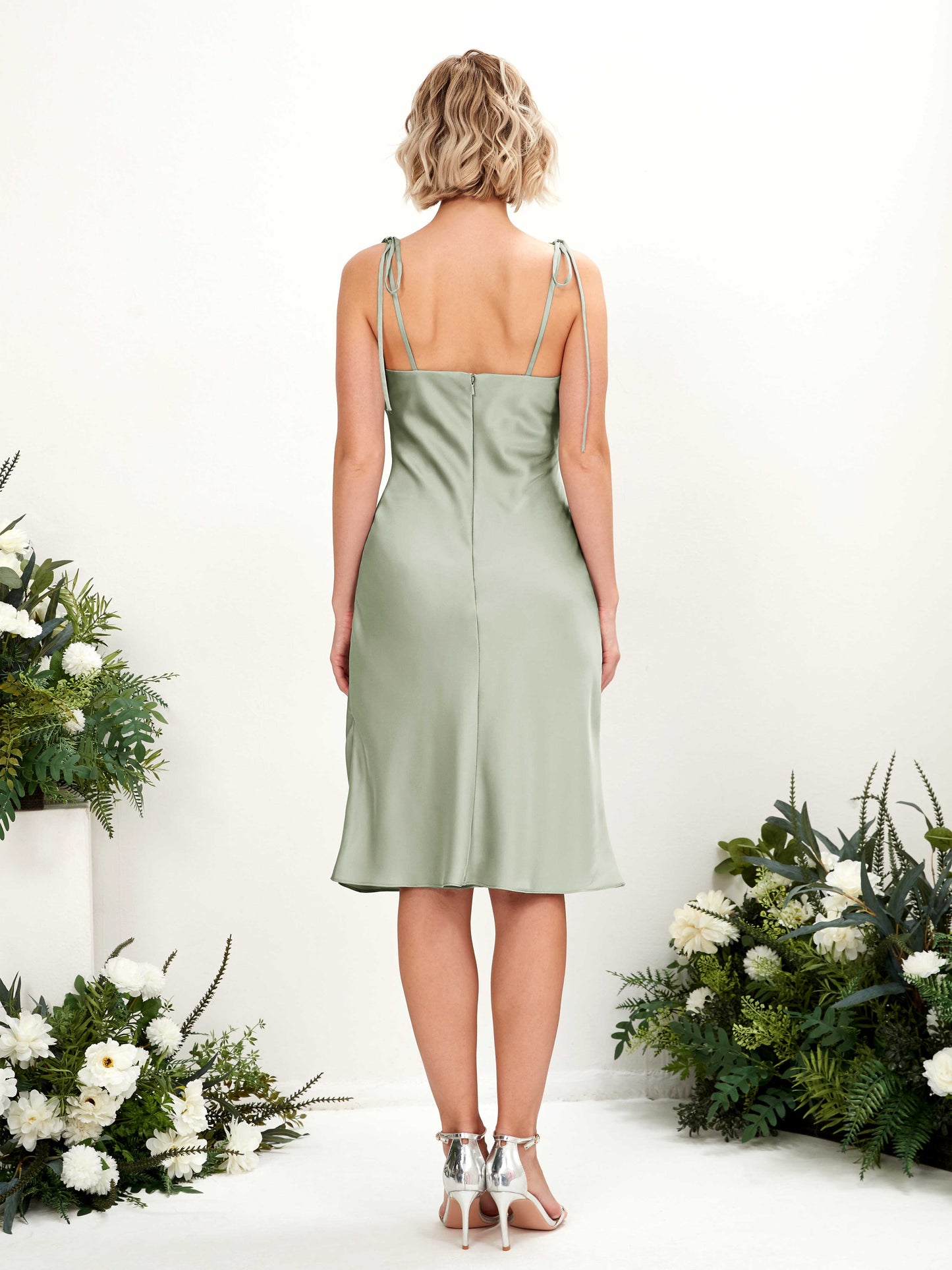 Janina Sage Green Satin Sleeveless Midi Dress