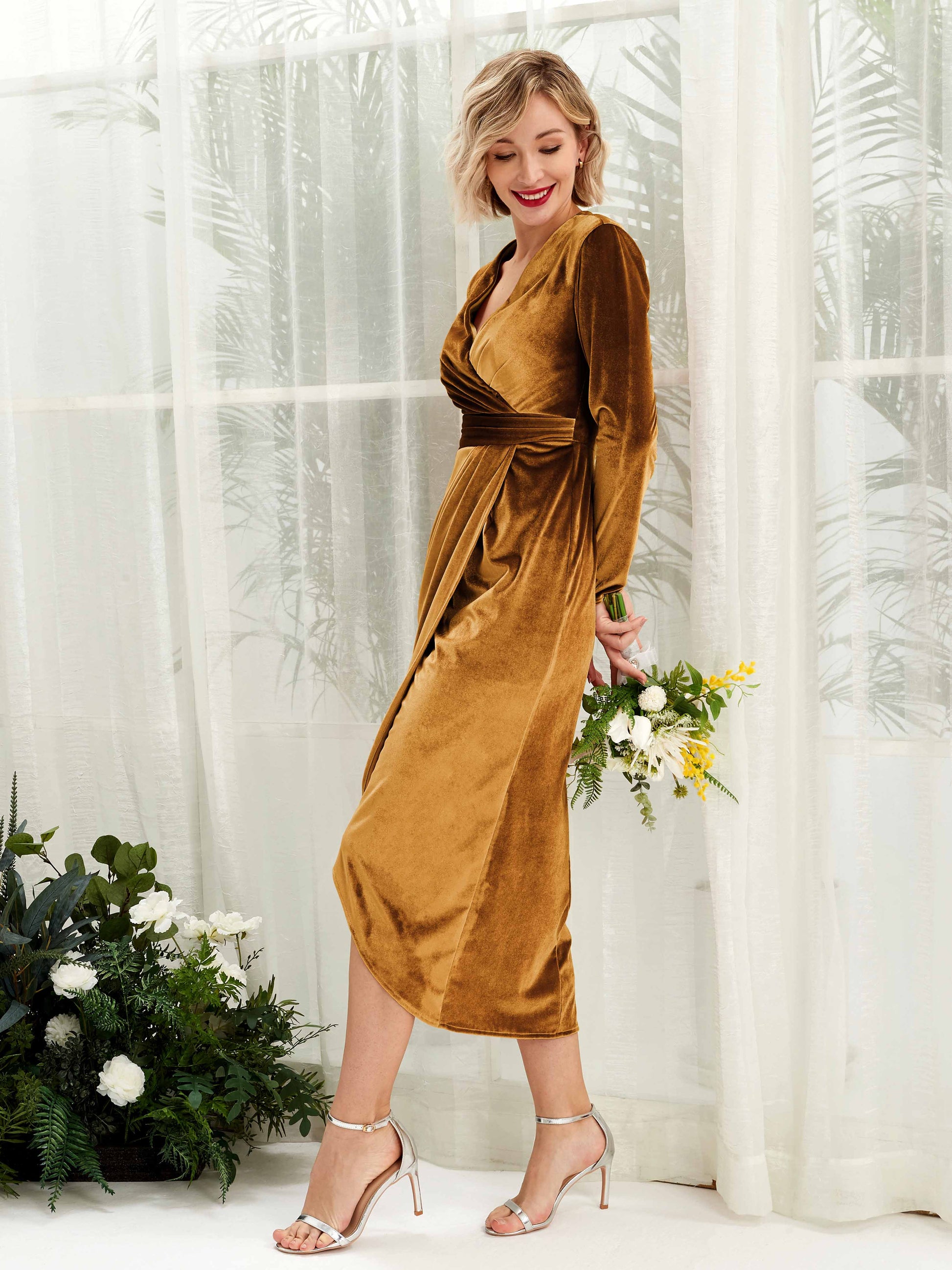 Jenny Burnished Gold Velvet Long Sleeve Maxi Dress