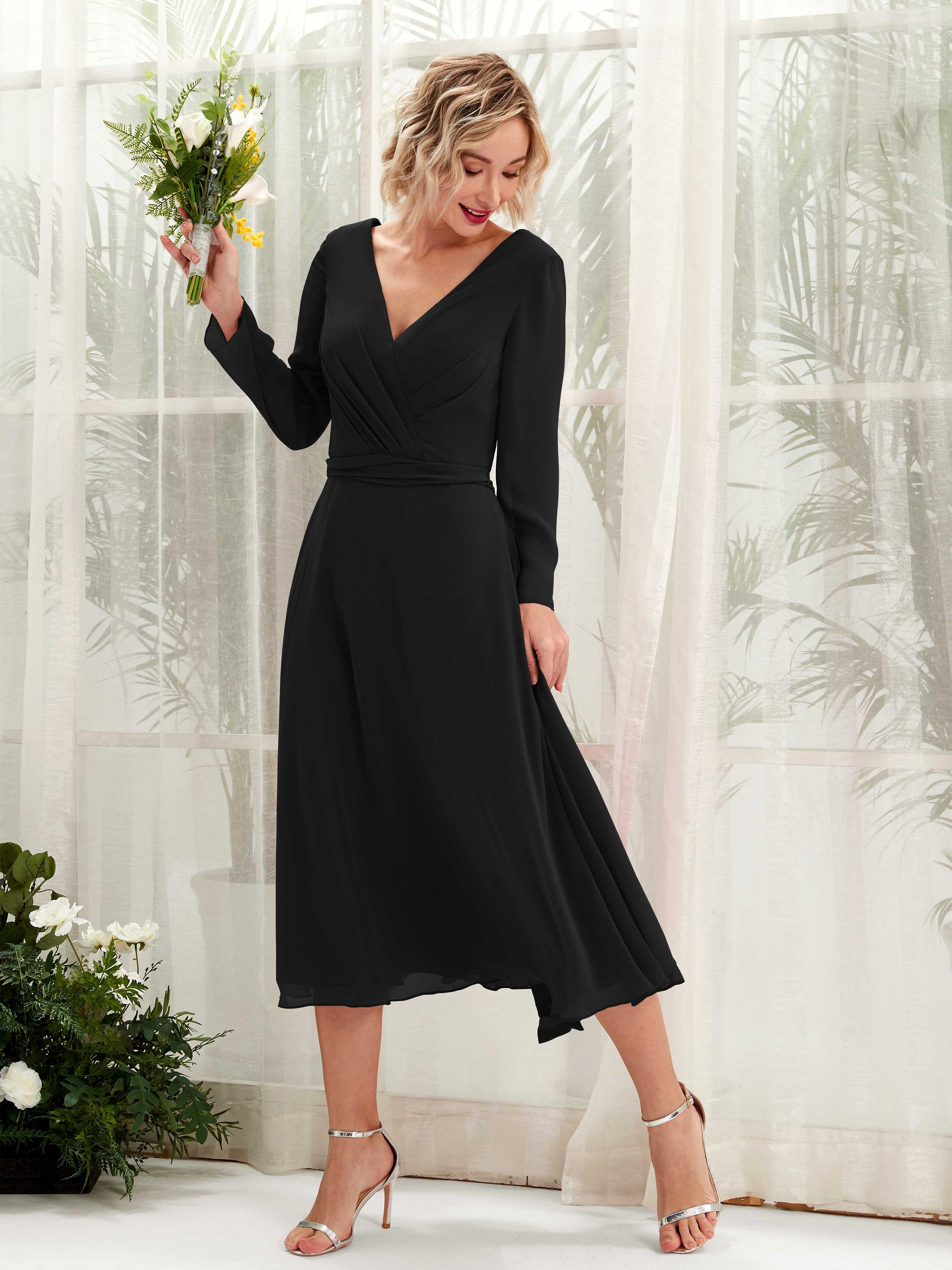 Joanna Black Long Sleeve Midi Dress