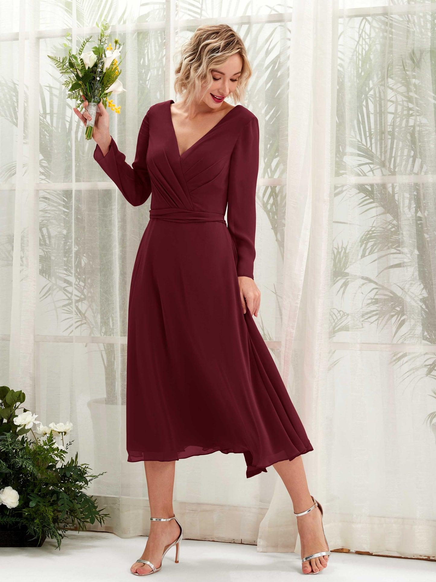 Joanna Burgundy Long Sleeve Midi Dress