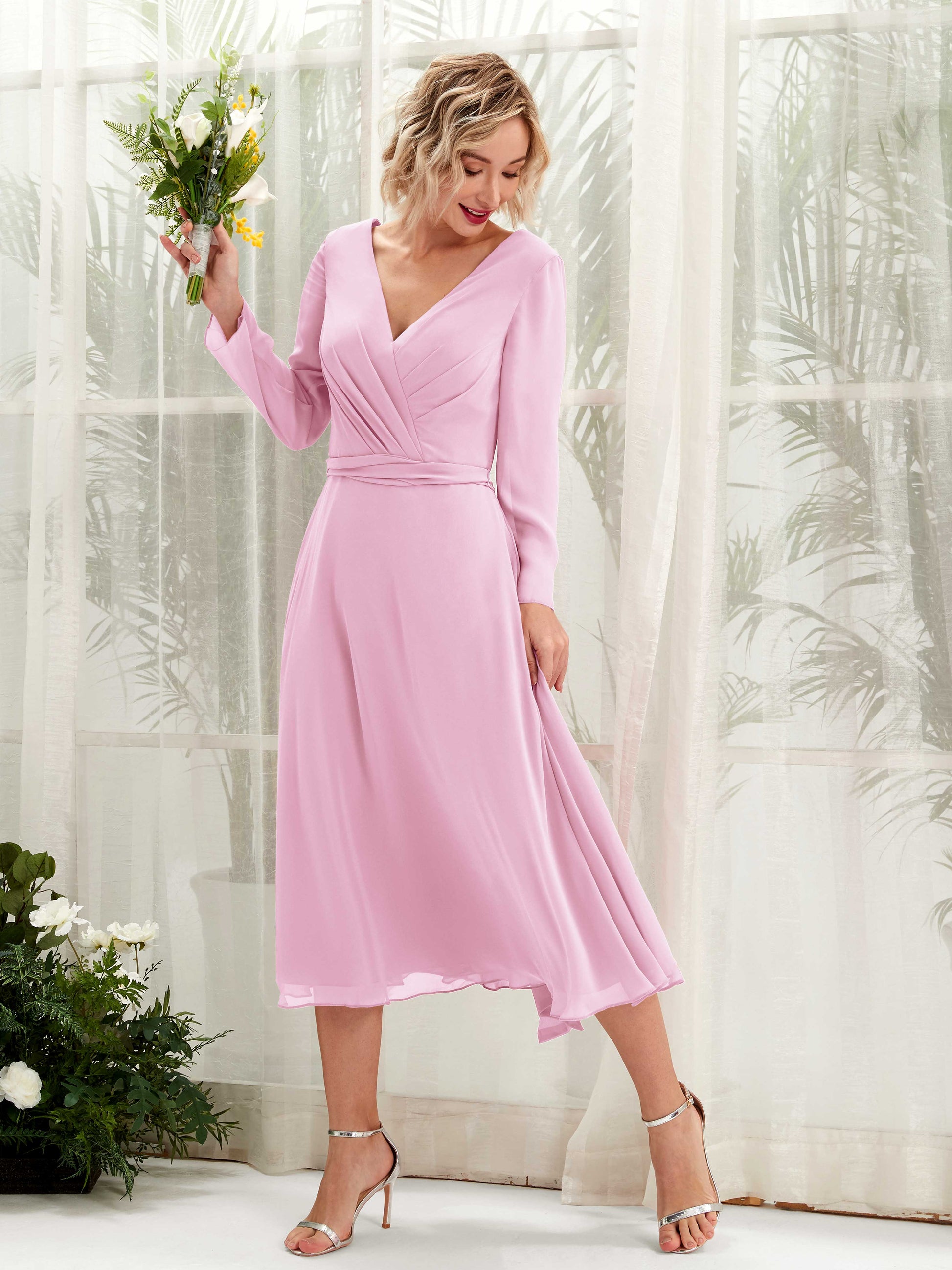 Joanna Candy Pink Long Sleeve Midi Dress