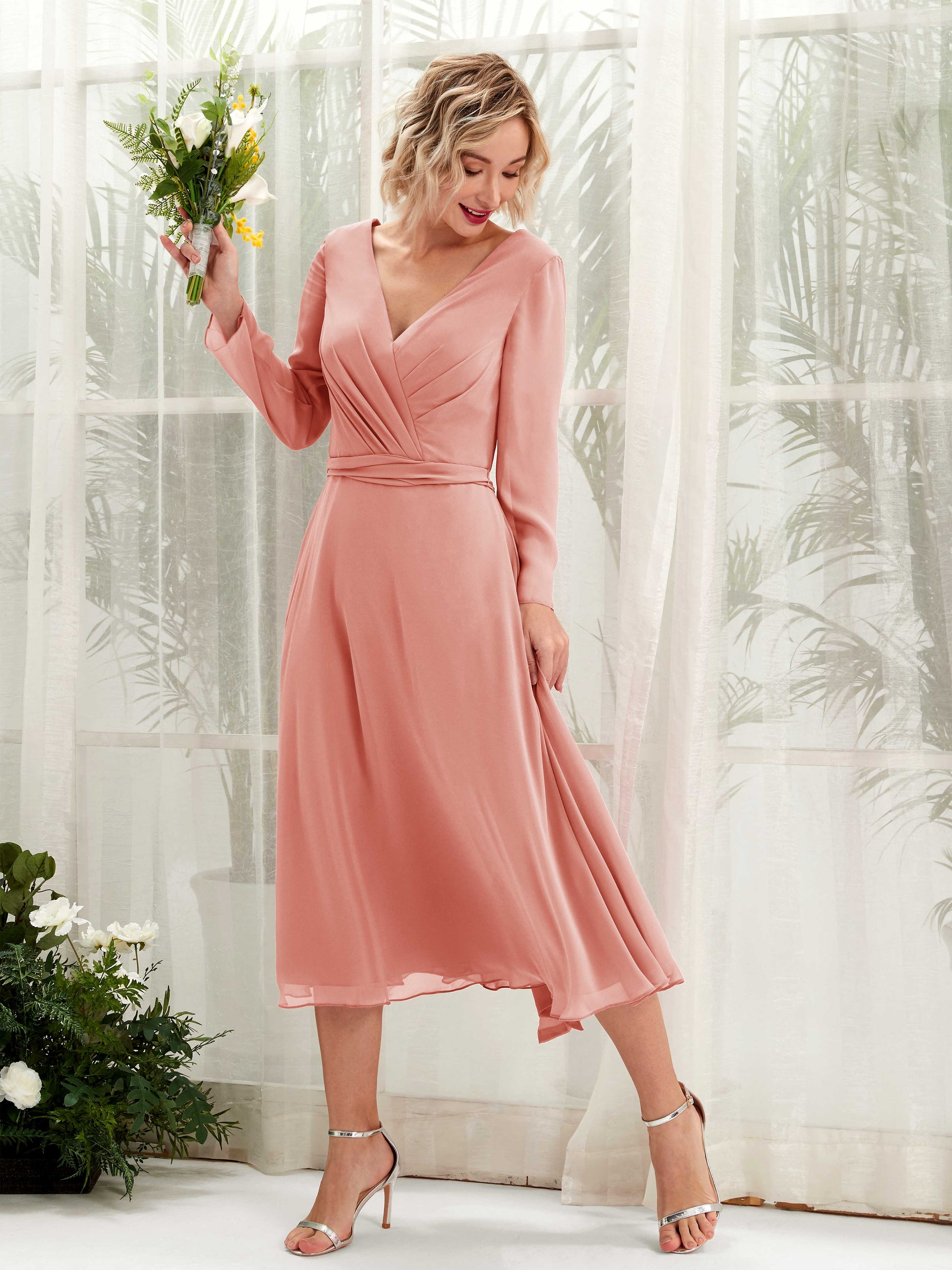 Joanna Champagne Rose Long Sleeve Midi Dress